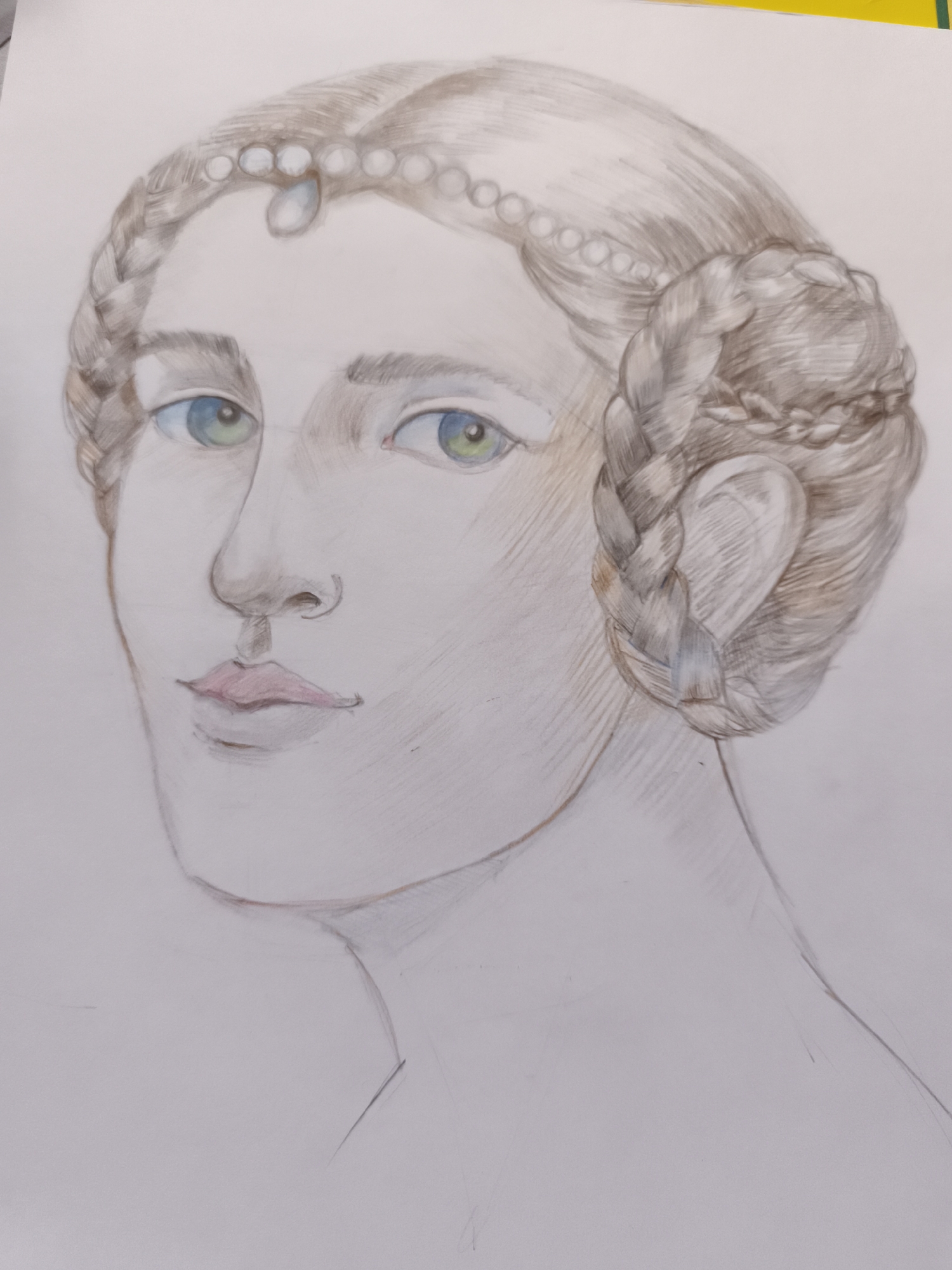 This is a close-up, detailed pencil and colored pencil drawing of a woman's face and upper torso. The woman has fair skin, blue-green eyes, and rosy lips. Her hair is light brown and styled in elaborate braids that frame her face and are gathered at the back. She wears a decorative headband with a string of pearls or beads, and a single tear-drop shaped pearl or gem adorns her forehead. The drawing is unfinished, with sketch lines and areas of light shading visible, particularly on her neck and shoulders. The background is plain white paper.