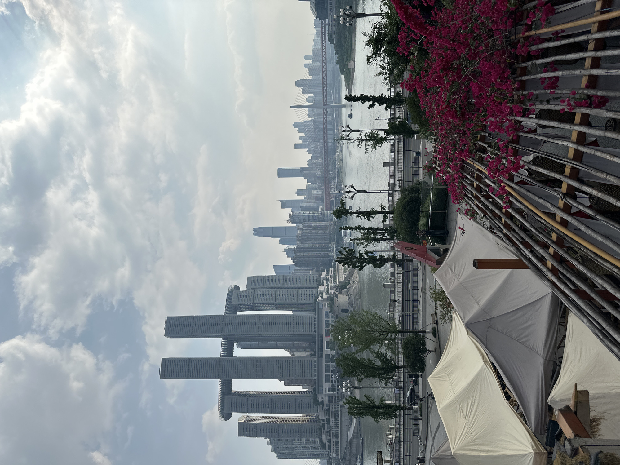 The image captures a daytime view in Nan'an District, Chongqing, China. The scene showcases a skyline of high-rise buildings clustered together, partly obscured by hazy atmospheric conditions. A river flows between the viewer's perspective and the urban landscape. The foreground features elements like tent-like canopies and a decorative fence intertwined with vibrant magenta-colored flowers, which create a partial visual barrier to the city beyond. The sky is overcast with scattered clouds.