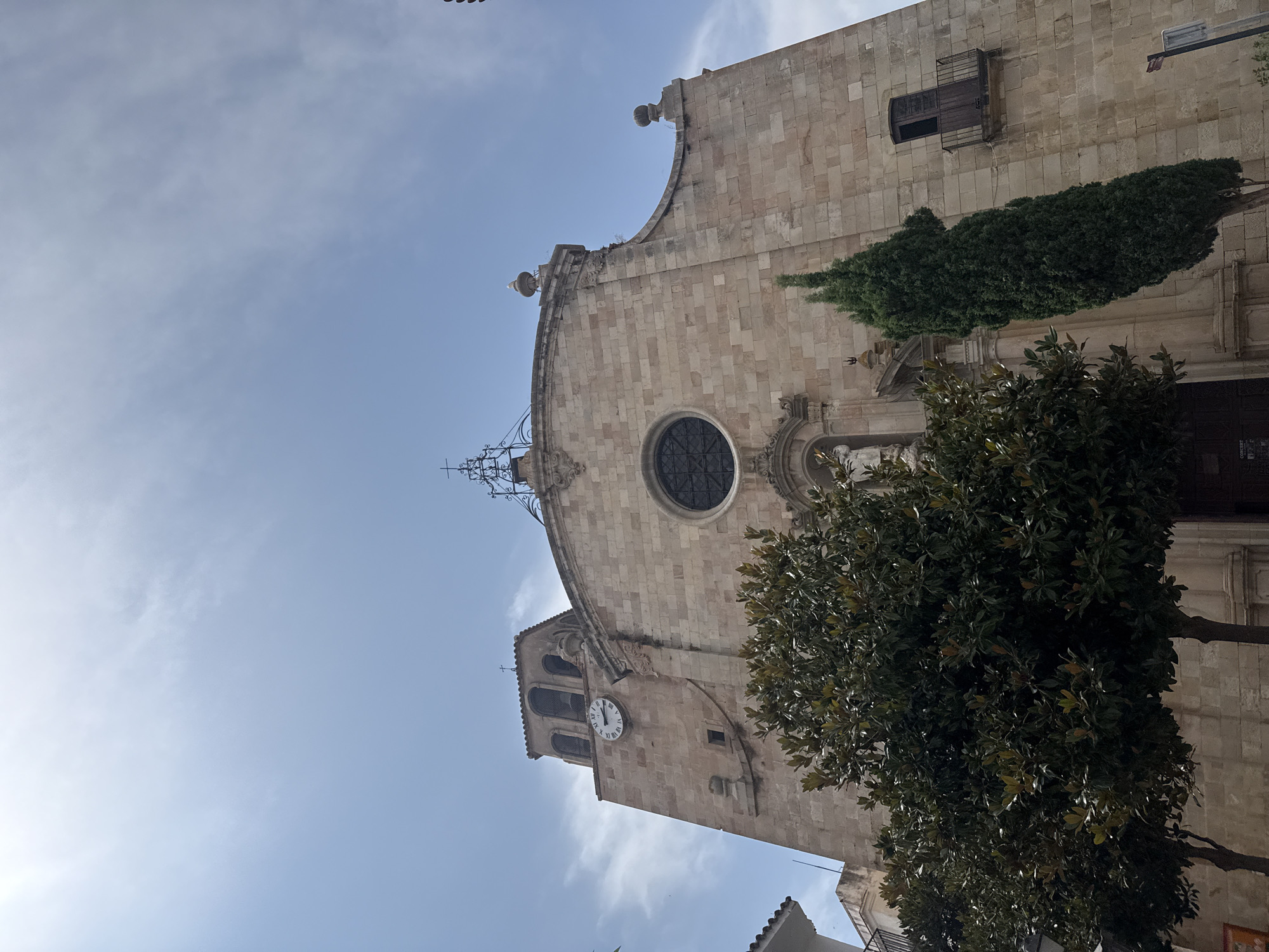 A low-angle, full-frame, eye-level shot captures the exterior of a stone church in Tossa de Mar, Spain. The church's facade is made of light-colored stone blocks, with a large circular window featuring dark latticework dominating the upper central section. To the left, a bell tower rises, featuring a circular clock with Roman numerals and a dark face, and a belfry with arched openings. Above the main facade, a decorative iron structure with crosses extends upwards against a bright, partly cloudy sky.
In the foreground, a lush green tree with broad leaves is positioned to the left of the frame, partially obscuring the lower part of the church. To the right of the tree and in front of the church, a tall, slender evergreen tree stands. A narrow wooden balcony with a closed shuttered door is visible on the right side of the church's facade. The overall scene is bathed in daylight, with the sun casting a bright, diffused light from the upper left. No people or animals are visible in the image.
