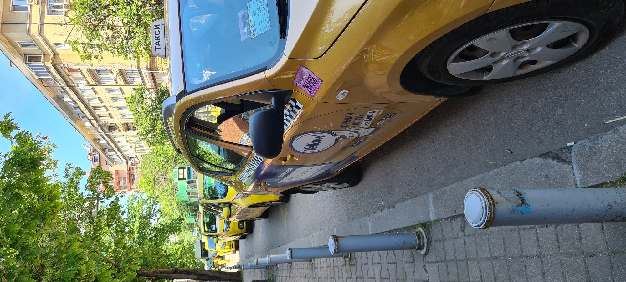 A line of yellow taxis are parked on the side of a city street in Sofia, Bulgaria. The taxis have a "Yellow!" logo on the side. In the background, a green tram is visible. The buildings lining the street are typical of Sofia's architecture, with light-colored facades and balconies. The sky is clear and blue. The image captures a typical urban scene in Sofia on a sunny day.