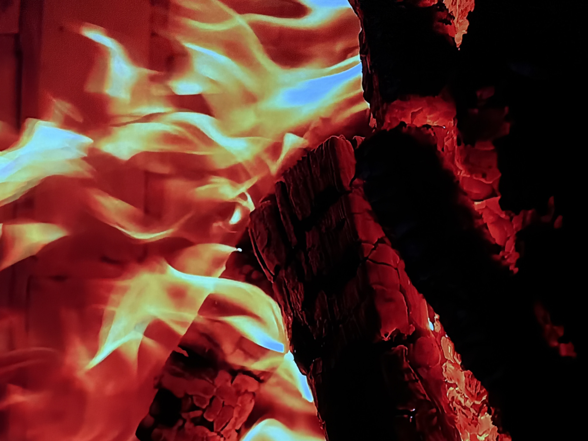 This media file captures a vivid, close-up scene of an active fire, likely in Sofiivska Borshchahivka, Ukraine. No people are visible. The image is dominated by dynamic, swirling flames on the left, exhibiting a vibrant spectrum of colors from deep reds and oranges to bright yellows and light blues. These fluid flames appear energetic, casting an intense glow.
On the right side of the frame, and partially obscured by the flames, are dark, charred pieces of wood or logs. These logs reveal deep red and orange embers glowing within their cracks and textured surfaces, indicating active burning. The rough, cracked texture of the burning wood contrasts with the ethereal quality of the flames. The background is mostly dark, emphasizing the luminosity and warmth of the fire.
The activity taking place is the burning of wood, producing both bright flames and glowing embers. The scene suggests nighttime or a dark indoor setting, as the fire is the primary source of light. There are no specific weather cues, location indicators beyond the logs and fire, or visible text. The image evokes feelings of warmth and intensity.