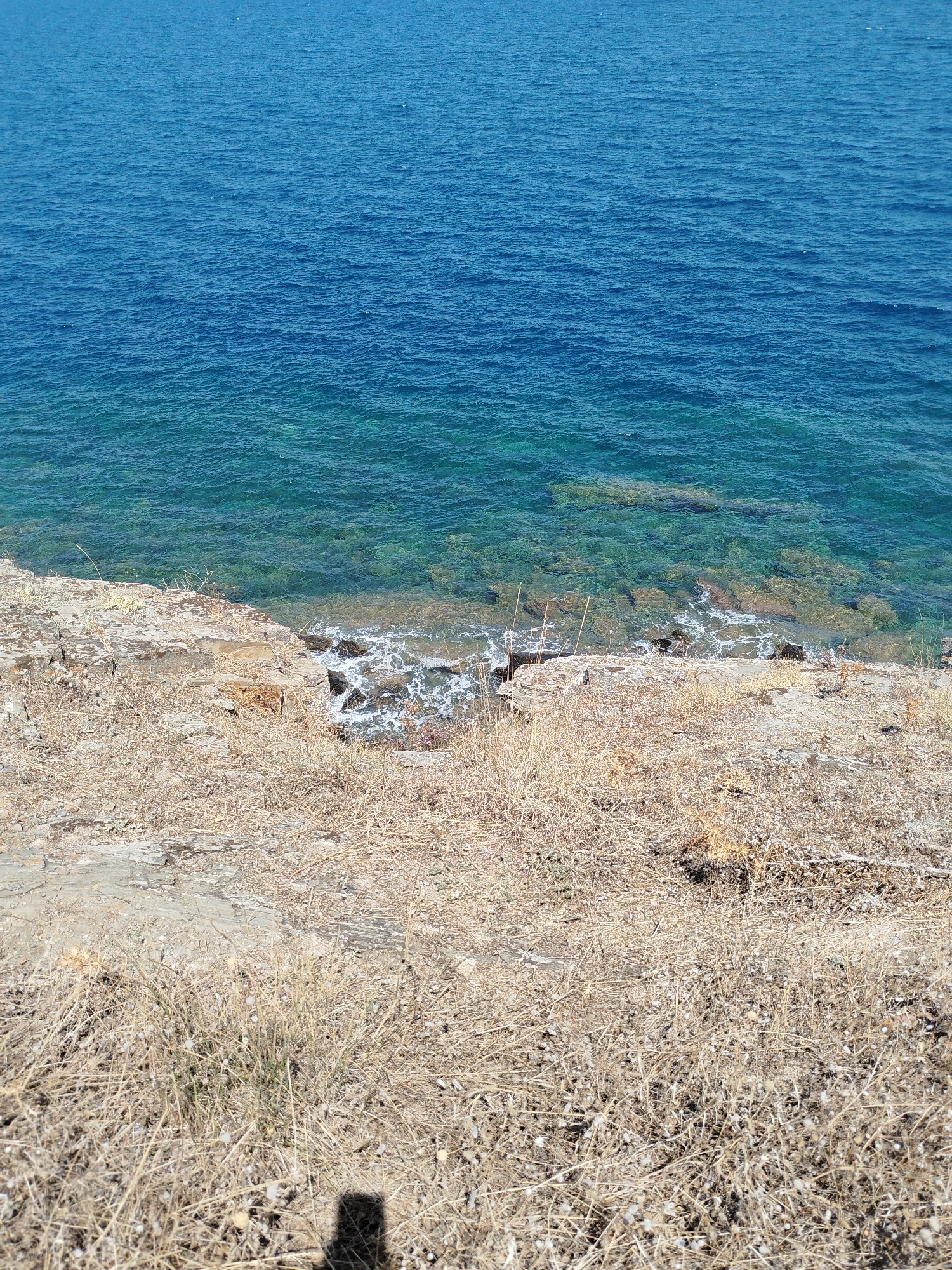 The image shows a coastline with clear blue water and a rocky shore covered in dry vegetation. The water is calm, with small waves gently lapping against the rocks. Sunlight glints off the water's surface, revealing the shallow seabed with submerged rocks and pebbles. The shore is a mix of weathered grey rocks and dry, straw-like grass. In the foreground, a shadow of a person is cast on the dry ground, suggesting the photo was taken from a slightly elevated position. The overall scene evokes a sense of natural beauty and tranquility. The location is the Sithonia Municipal Unit in Greece, known for its pristine beaches and clear waters.