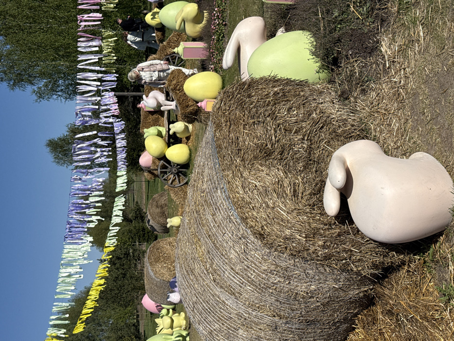 The image shows a scene of a decorated field with various objects at an outdoor Easter event in the city of Kopyliv, Ukraine (coordinates: 50.418, 29.937). The scene includes several hay bales, large and small Easter bunny figures, some of which are painted in pastel colors, and a string of colorful fabric decorations hanging from overhead trees. There is a wooden wagon wheel with an axle partially visible. A single individual, a woman wearing a white shirt and dark pants, stands near a large Easter bunny figure. Several other people are visible in the background, but they are out of focus. The weather appears to be sunny with a clear blue sky. The ground is covered with grass and straw, and the overall atmosphere is festive and lighthearted.