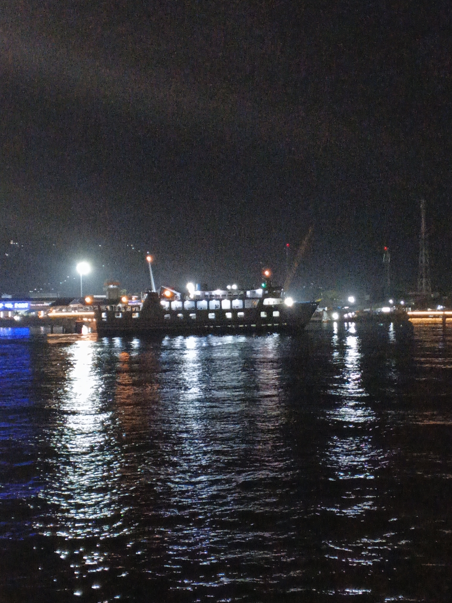 A ferryboat is docked at night in the port of Banyuwangi, Indonesia. The ferryboat is illuminated with lights, creating reflections on the water. The night sky is dark, and there are lights from other boats and buildings in the background. The water is choppy, with waves reflecting the lights from the ferryboat and other sources. The overall scene is dimly lit, with a sense of calm and tranquility.