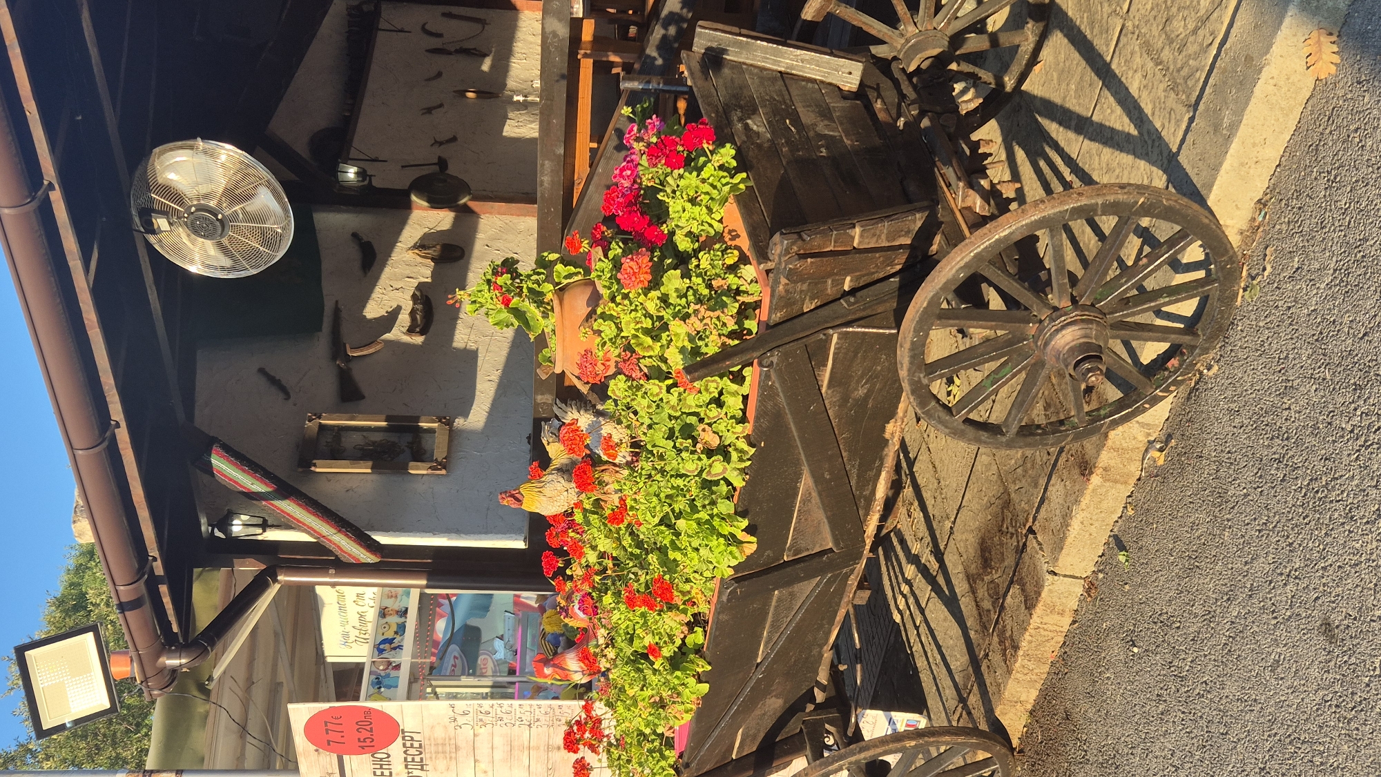 The image shows a vintage wooden wagon filled with red and pink flowers and green foliage, serving as a decorative planter. Two decorative ceramic roosters are placed among the flowers. The wagon is positioned on a cobblestone surface next to a building with a dark brown overhang. The building's exterior wall is decorated with various items, including what appear to be old tools and a framed picture. A large, industrial-looking fan is mounted on the overhang. To the left, a red sign with white text is visible. The scene suggests an outdoor seating area of a restaurant or cafe, possibly in Kiten, Bulgaria, given the presence of the Bulgarian Cyrillic script on the red sign. The lighting indicates it is daytime, with sunlight casting shadows.