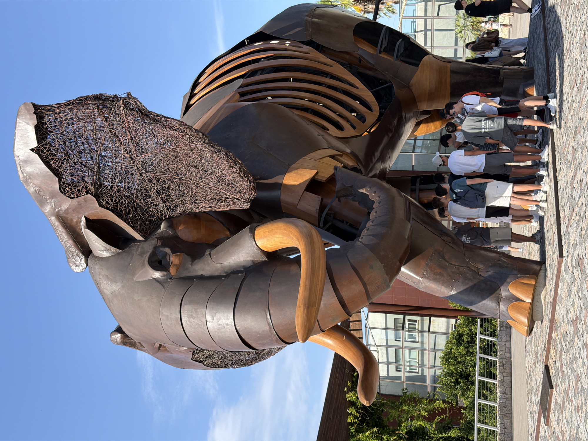 The image depicts a large, artistic sculpture of an elephant located in the Oceanogràfic of Valencia, Spain. The sculpture is made of dark, metallic plates with some sections revealing a wooden skeletal structure. The elephant's tusks are a light brown, wooden material, and its ears are adorned with intricate, wire-like mesh.
In the foreground, a group of young people, mostly male, are gathered around the base of the sculpture, appearing to observe it. They are dressed in casual summer attire, including t-shirts, shorts, and sneakers. Some have backpacks. The ground is paved with a cobblestone pattern.
In the background, a modern building with large glass windows is visible, reflecting the clear blue sky. Lush green foliage and trees are also present, bordering a white railing system. The overall environment suggests an outdoor public space, likely a plaza or walkway within a larger attraction. The lighting indicates a bright, sunny day.