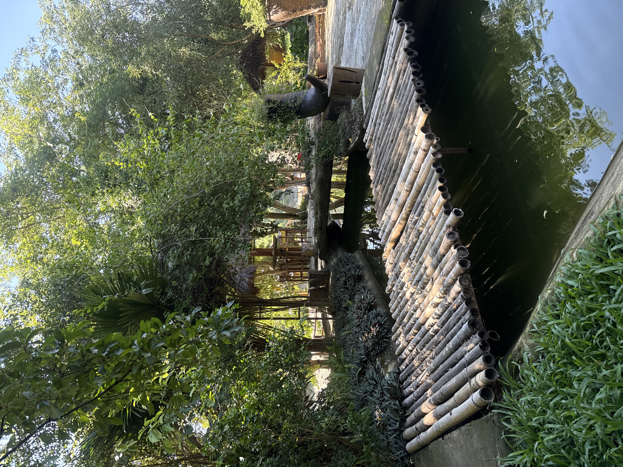 This image depicts a tranquil outdoor scene in Nam Khanh Vinh, Vietnam, featuring a rustic bamboo bridge crossing a dark, still body of water. The bridge, constructed from numerous parallel bamboo poles, spans the width of a narrow canal or pond. Lush green foliage, including trees with dense canopies and various undergrowth plants, surrounds the water and frames the scene.
In the background, a thatched-roof pavilion with wooden furniture is visible, suggesting a seating or dining area. The architecture of the pavilion, with its natural materials, complements the overall rustic aesthetic. A large, dark, decorative pot is perched on a wooden stump to the right of the pavilion, adding an element of artistry to the setting. The ground appears to be paved in some areas with concrete or stone, contrasting with the natural elements. The water's surface reflects the surrounding greenery and the sky, creating a sense of depth and serenity. The sunlight filters through the trees, casting dappled shadows on the bamboo bridge and the water. No people are clearly visible in the frame. The overall impression is one of a peaceful, natural retreat, possibly part of a garden or a recreational area.