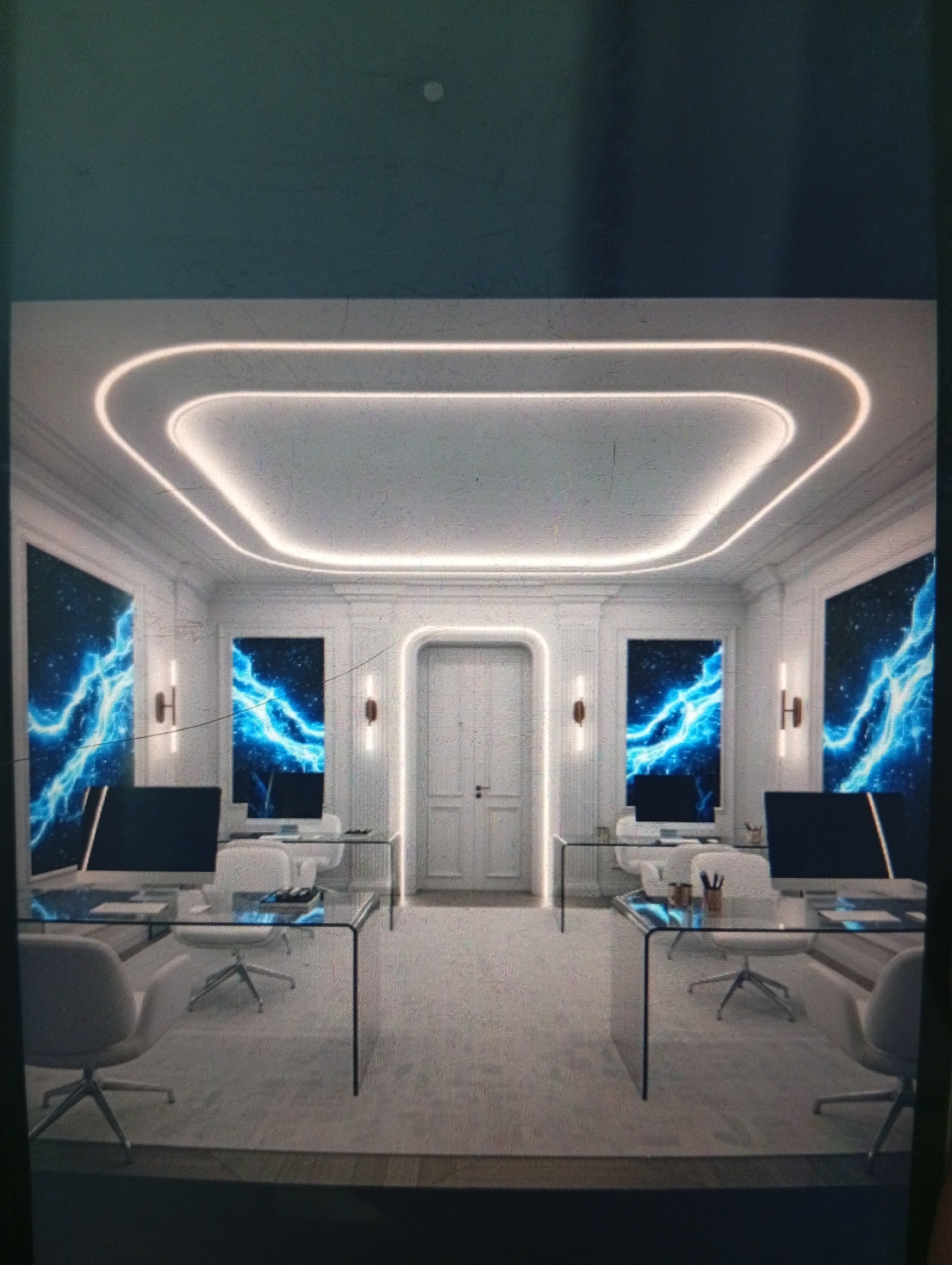 The image depicts a modern office space, presumably in Dutsen Alhaji, Nigeria, although this cannot be verified solely from the image. The room is symmetrical, featuring two identical glass-topped desks with computers and white chairs facing each other. Each desk has a monitor and office supplies. The walls are white and have large panels with digital artwork depicting blue lightning or energy patterns. The ceiling has a recessed rectangular lighting fixture with rounded corners. A door is centered on the back wall, flanked by decorative sconces. The floor is covered with a light-colored carpet. No people are visible in the image. The overall impression is one of a clean, modern, and well-lit workspace.