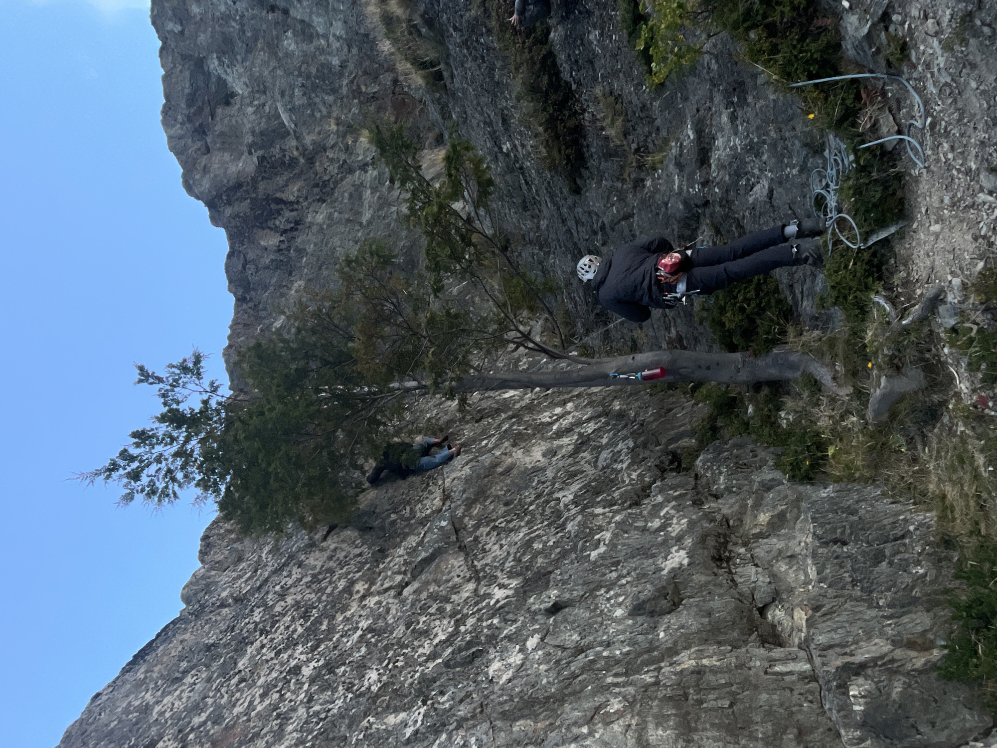 The image shows two people climbing a rock face. The location is Ushuaia, Argentina, evidenced by the vegetation and rock formations. The climber in the upper part of the image is wearing a helmet and climbing gear. The climber is climbing upwards, using climbing gear to maintain their position. The second climber is wearing dark clothes and also has a helmet. A small tree grows out of the rock face between the climbers. Climbing hardware, including ropes, carabiners, and quickdraws, is attached to the rock face.