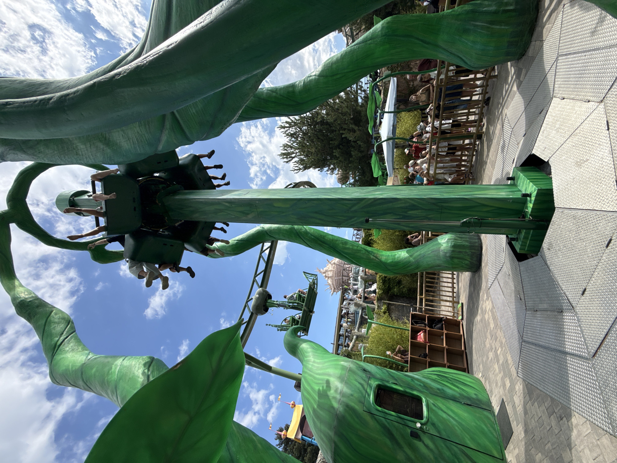 This is a medium shot of an amusement park attraction featuring a ride that resembles giant green beanstalks. In the foreground, large green, vine-like structures dominate the frame, some curling upwards and others extending horizontally. A central green pole supports a circular platform from which several riders are suspended in open-air seats, their legs dangling. The sky is visible in the background, with scattered white clouds against a blue backdrop.
The ride is surrounded by a paved area and metal walkways. To the left, a large green bean pod-like structure has a small entrance or window. In the middle ground, a wooden fence encloses a queue area where several people are standing, watching the ride. Further in the background, other amusement park structures are visible, including what appears to be a castle-like building. Trees and foliage are interspersed throughout the scene.
The image captures the dynamic nature of an amusement park, with the focus on the thrilling ride and the surrounding environment. The bright daylight suggests it is daytime. The presence of people indicates the attraction is operational. The overall impression is one of a fun and exciting outdoor activity. The provided location "Симеизский поселковый совет, Ukraine" does not appear to be visually verifiable from the image content.