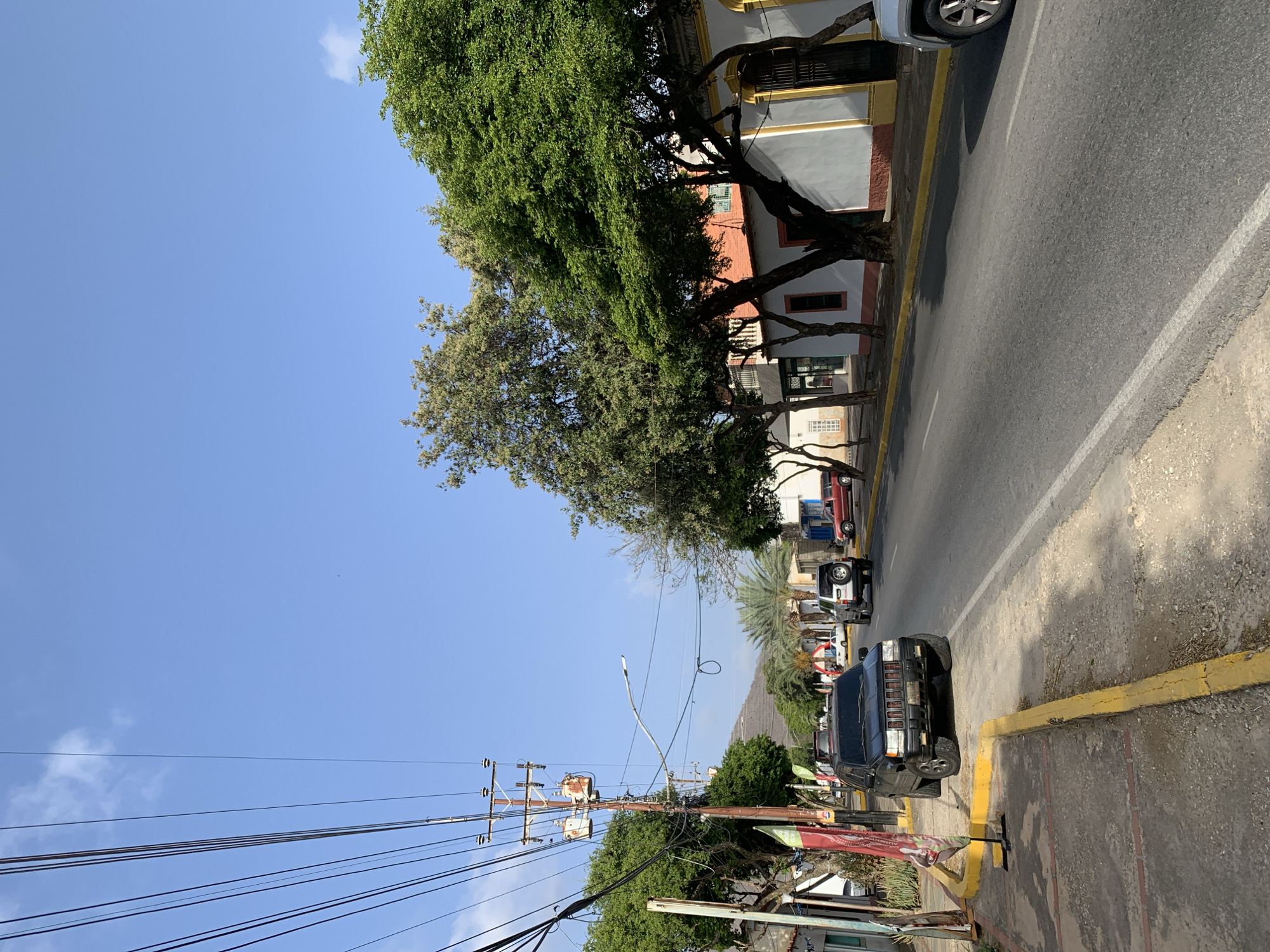 This image presents a vibrant, sunlit street scene in Tacarigua, Venezuela. A paved road stretches into the distance, bordered on the right by a sidewalk delineated with a bright yellow curb. Dominating the foreground on the right sidewalk is a black SUV, resembling an older Jeep Cherokee. Further down the road, additional vehicles, including a white SUV/truck with a rear-mounted spare tire and a red truck, are parked or moving.
The left side of the street is lined with several large, leafy green trees that partially conceal multi-story buildings, characterized by their varied facades in shades of yellow, grey, white, and red-orange. Numerous utility poles, laden with a dense network of power lines, run along the right side of the street, extending towards the horizon.
The sky above is a clear, bright blue with a few wispy white clouds, indicating a sunny daytime. Strong shadows cast across the road and sidewalk suggest bright mid-day sunlight. In the far distance, a mountain range is visible, completing the scenic backdrop. No specific activity beyond the general flow of daily life on a street is depicted, and no people are visible. There is no discernible text on any objects or signs within the image. The scene conveys the bustling yet warm atmosphere of a street in a tropical or subtropical setting.