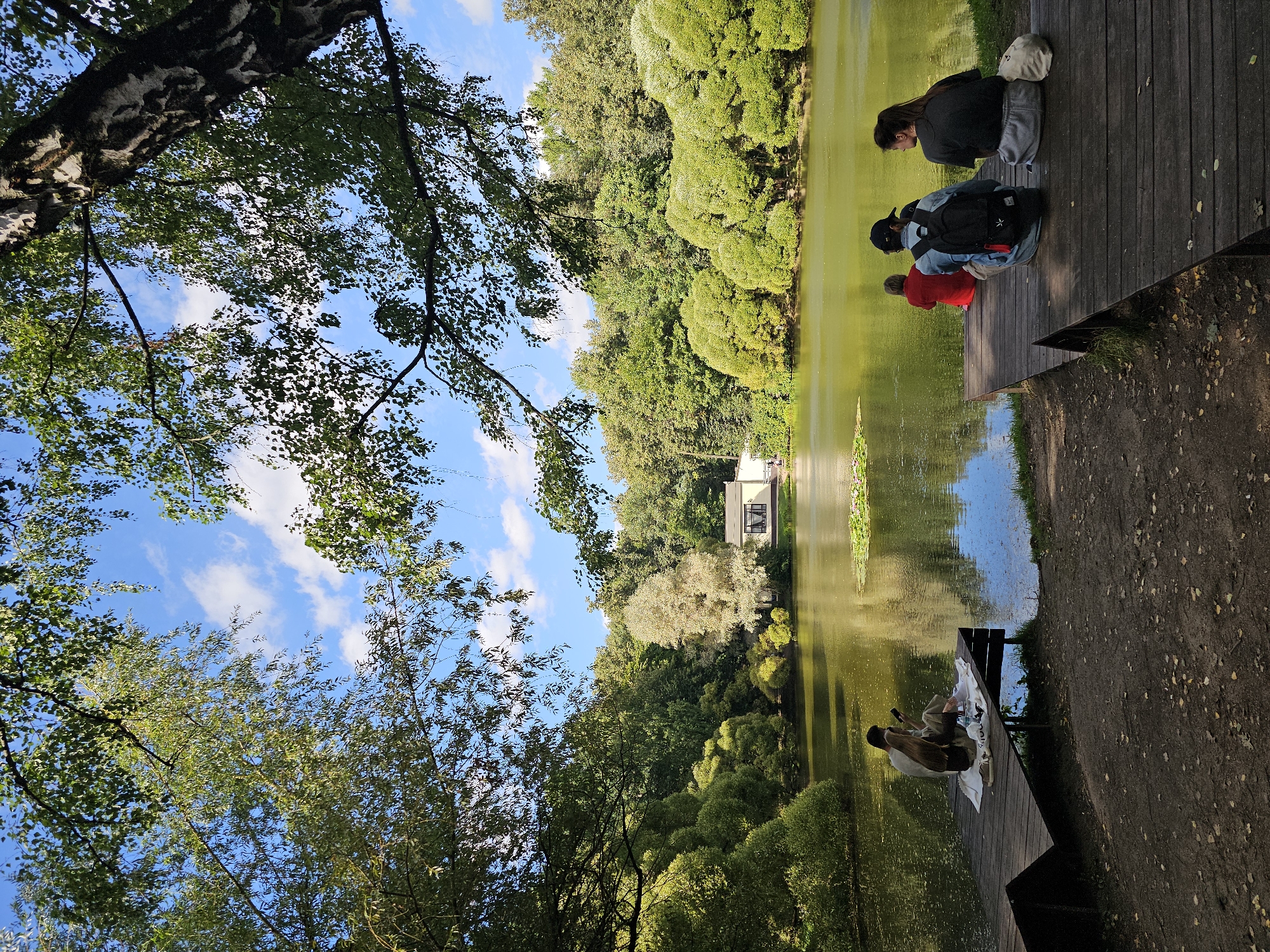 This is a photograph of a tranquil park scene, likely taken in Moscow, Russia, on a bright, partially cloudy day. In the foreground, a wooden deck extends over the edge of a calm, greenish lake. On the deck, on the left side, a person is seated, facing away from the camera, with a picnic blanket and food items laid out beside them. Further to the right, three individuals are seated on the deck, also facing the lake. One person wears a red shirt, another a denim jacket and backpack, and the third a dark t-shirt and grey sweatpants. They appear to be observing the water or enjoying the scenery. The lake itself is dotted with lily pads in the distance. The background is dominated by lush, green trees, with a white building visible nestled among them on the far shore. The upper portion of the image reveals a canopy of green leaves and branches, framing a blue sky with scattered white clouds. The overall atmosphere is one of peaceful relaxation in a natural setting within a city.
