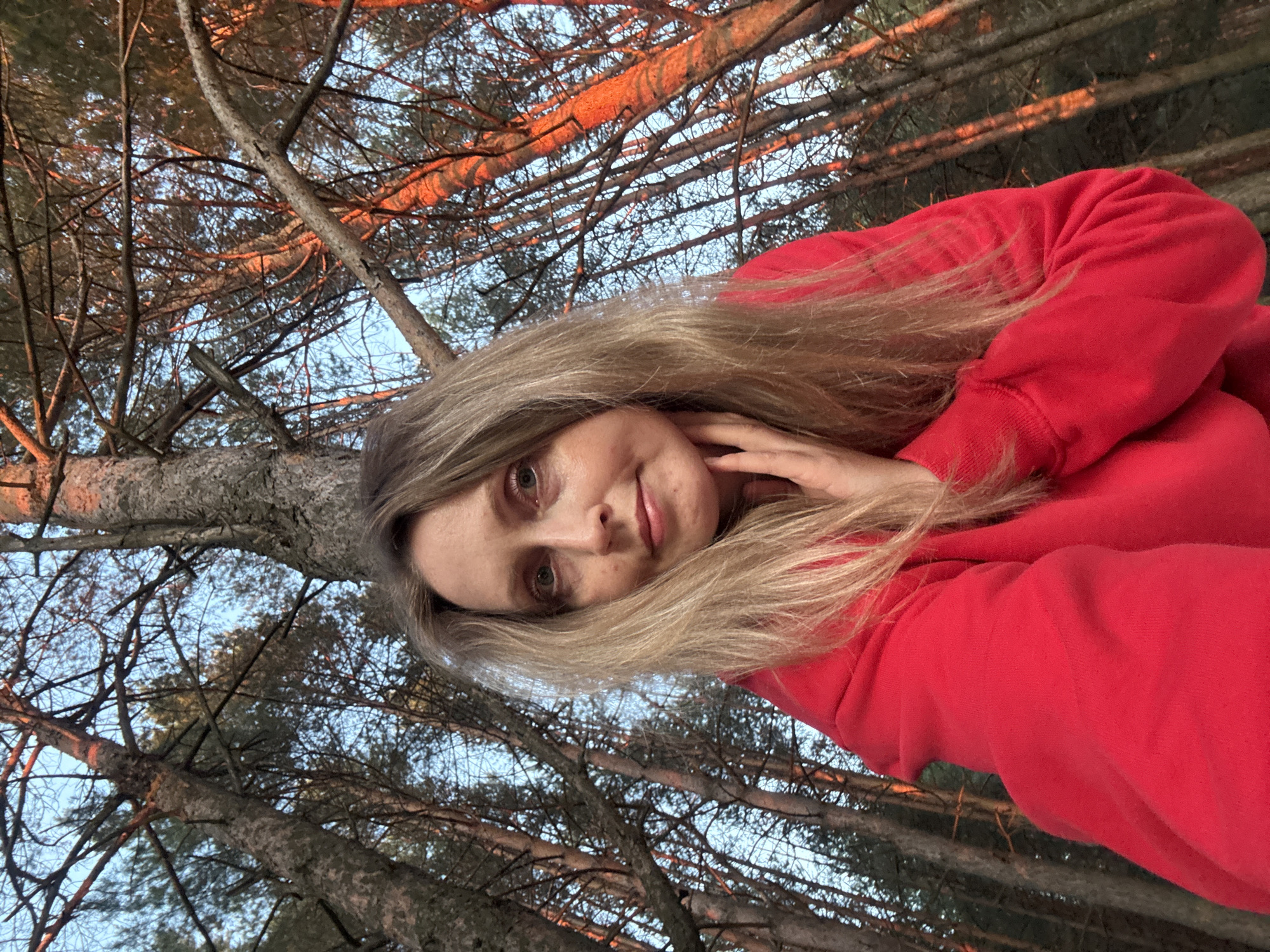 A woman with long blonde hair and fair skin is photographed outdoors. She is wearing a bright red hooded sweatshirt and has her left hand touching her chin. She is looking towards the camera with a slight smile. The background consists of a dense forest with tall, thin trees. The lighting suggests it is either sunrise or sunset, as the tree trunks are illuminated with a warm, orange glow from the low-angled sun. The sky is visible through the branches and is a pale blue. The specific location in Chaikovsky, Russia cannot be determined from the visual information provided.