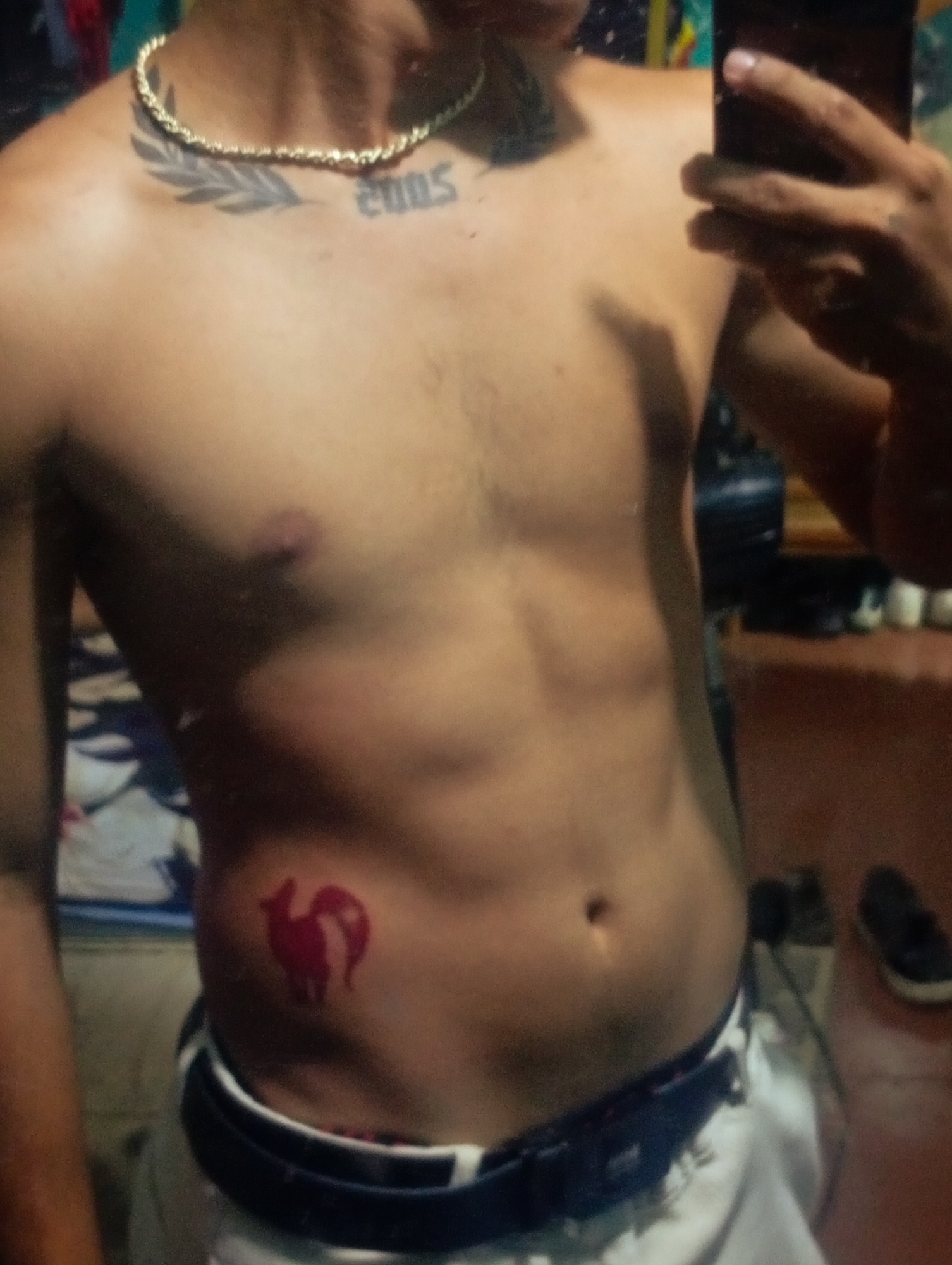 A shirtless person with light brown skin stands indoors, holding a smartphone, possibly taking a selfie. The person wears a gold chain around their neck and has tattoos on their upper chest and torso. The tattoo on the upper chest includes a laurel branch and the number "2005." A red tattoo of a fox-like animal is visible on the person's left side, near the waist. The person wears white pants with a dark blue belt. A pair of sandals rests on the floor in the background. There is no information in the image to indicate that the photo was taken in the city of Altagracia, Venezuela.