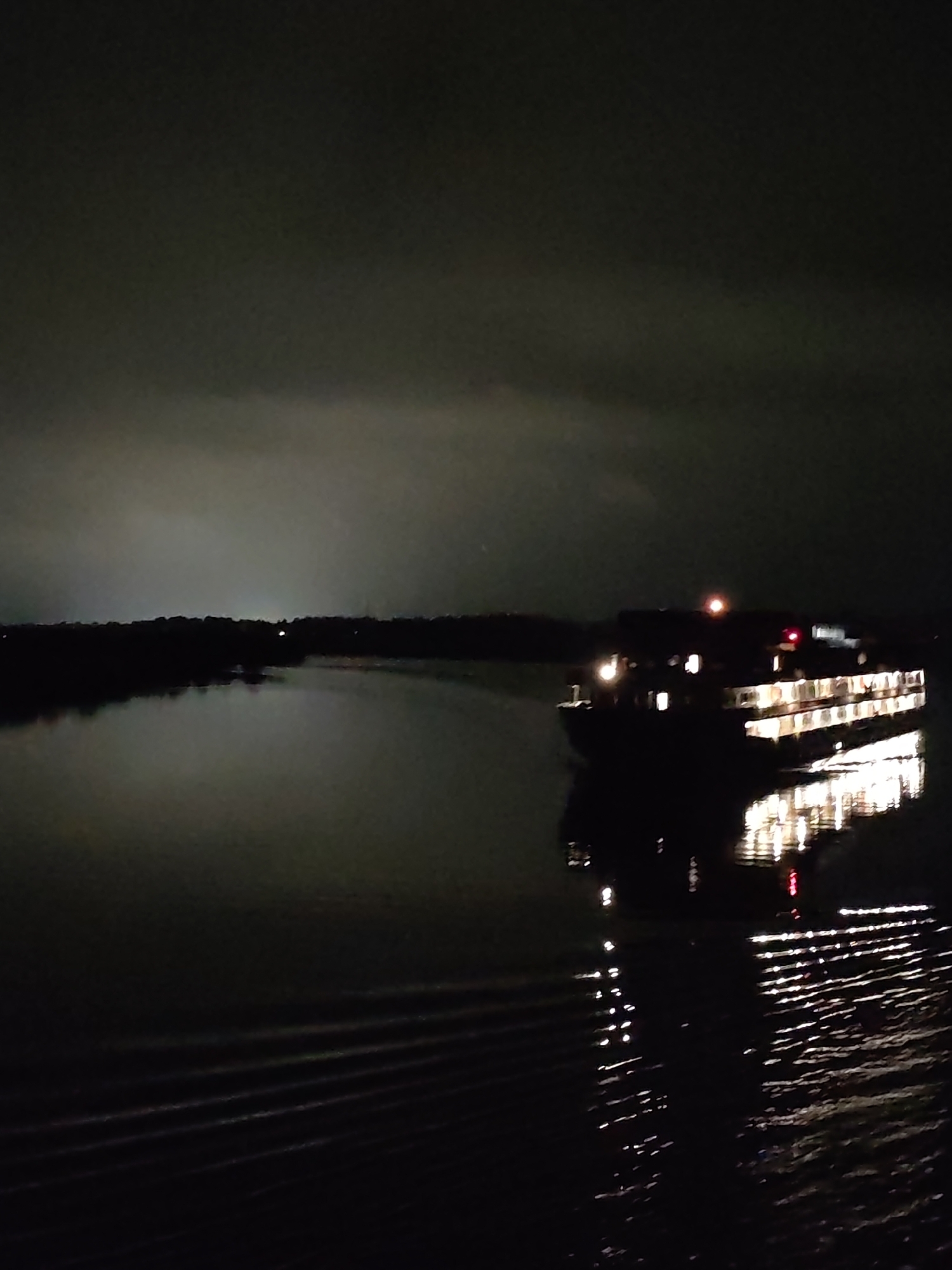 At night, a body of water reflects the lights of a multi-story vessel traveling on the water. A thin strip of land is visible in the distance.