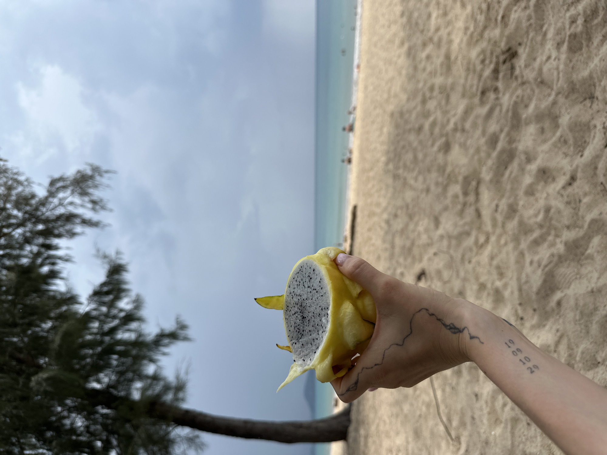 The image shows a person holding a yellow dragon fruit on a beach in Choeng Thale, Thailand. The fruit is cut in half, revealing white flesh with black seeds. The person's arm is visible, adorned with tattoos. The background consists of a sandy beach, the ocean, and a cloudy sky. A tree is visible on the left side of the frame. People are visible in the distance on the beach.
