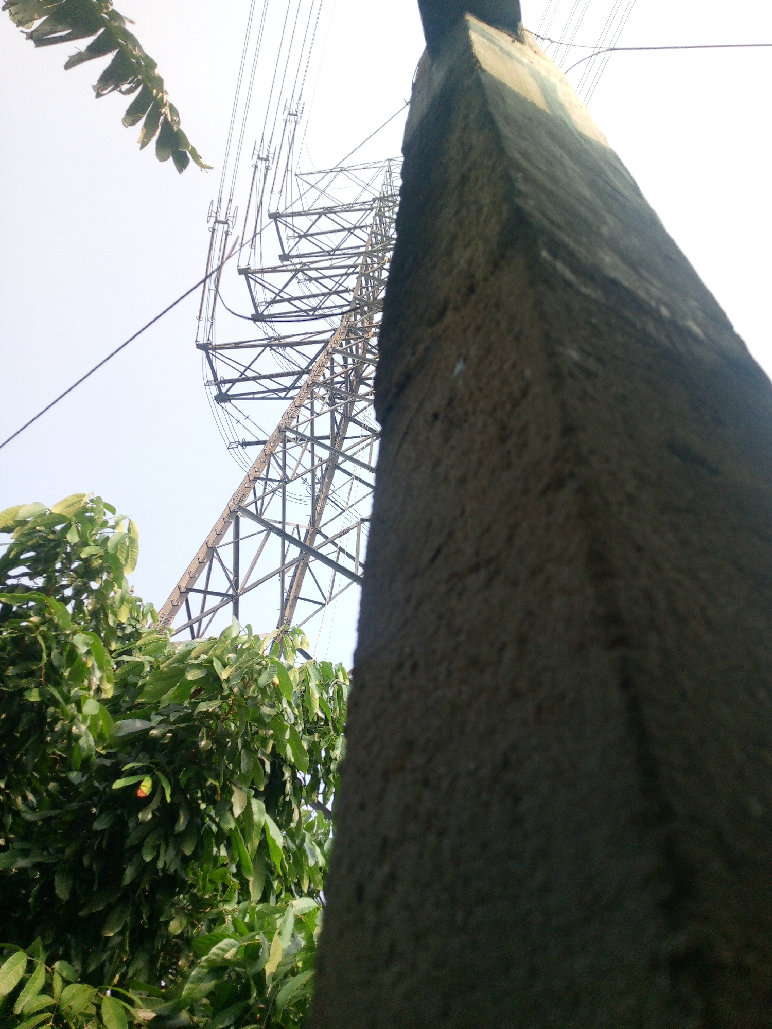 The image captures a low-angle perspective of a power transmission tower against a bright, overcast sky. In the foreground, a rough-textured, concrete pillar juts vertically into the frame, obscuring a significant portion of the right side of the image. To the left of the pillar and the tower, a dense canopy of lush green leaves from a tree occupies the lower left quadrant. The power tower, a complex lattice of metal, rises dramatically in the background, with multiple power lines extending horizontally and diagonally across the upper portion of the frame. The scene appears to be an outdoor environment, likely in or around Dukuh, Indonesia, given the presence of the tropical foliage and the power infrastructure common in such areas. No people or discernible actions are visible.