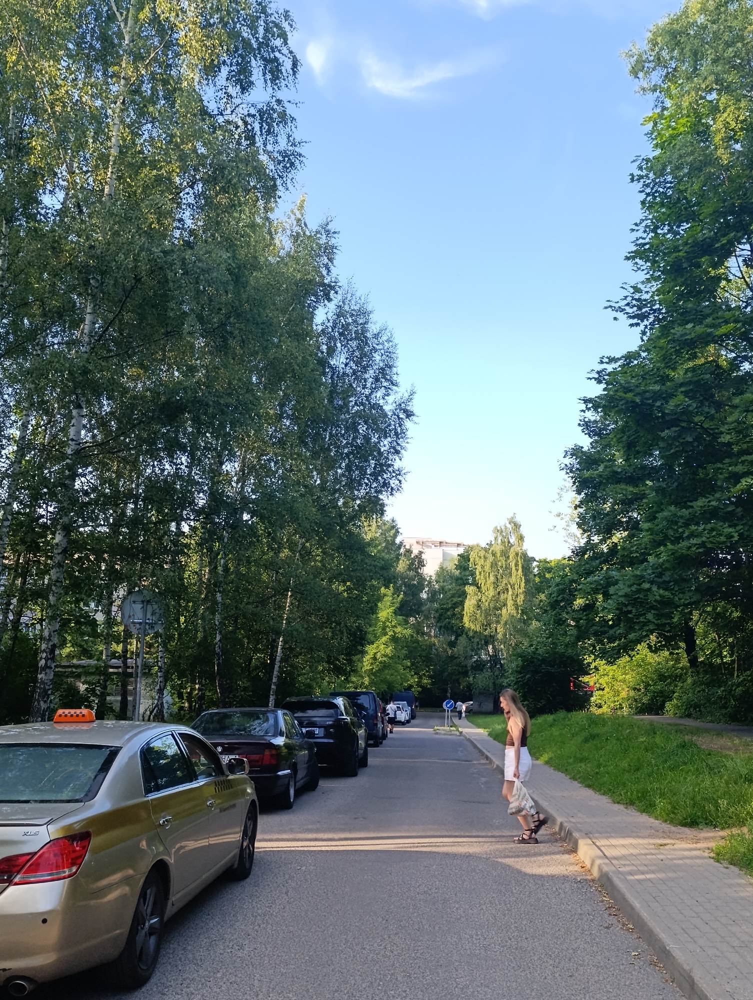 An outdoor, eye-level, medium shot captures a residential street scene in Minsk, Belarus, under a bright, clear sky with sparse clouds. The street is lined with parked cars on the left and a sidewalk with lush green grass and trees on the right. A young woman with long blonde hair, wearing a brown tank top and a white skirt, is walking along the sidewalk, carrying a patterned bag. She is positioned in the middle of the frame, facing left and away from the camera. Several cars are parked along the street, including a gold taxi with an orange "TAXI" sign on its roof in the foreground on the left. Further down the street, other vehicles are visible, and a few individuals are seen walking in the distance. The trees on both sides of the street create a natural canopy, with birch trees on the left and deciduous trees on the right. Buildings can be seen in the background beyond the trees. The lighting suggests it is late afternoon or early evening, with long shadows cast across the road.