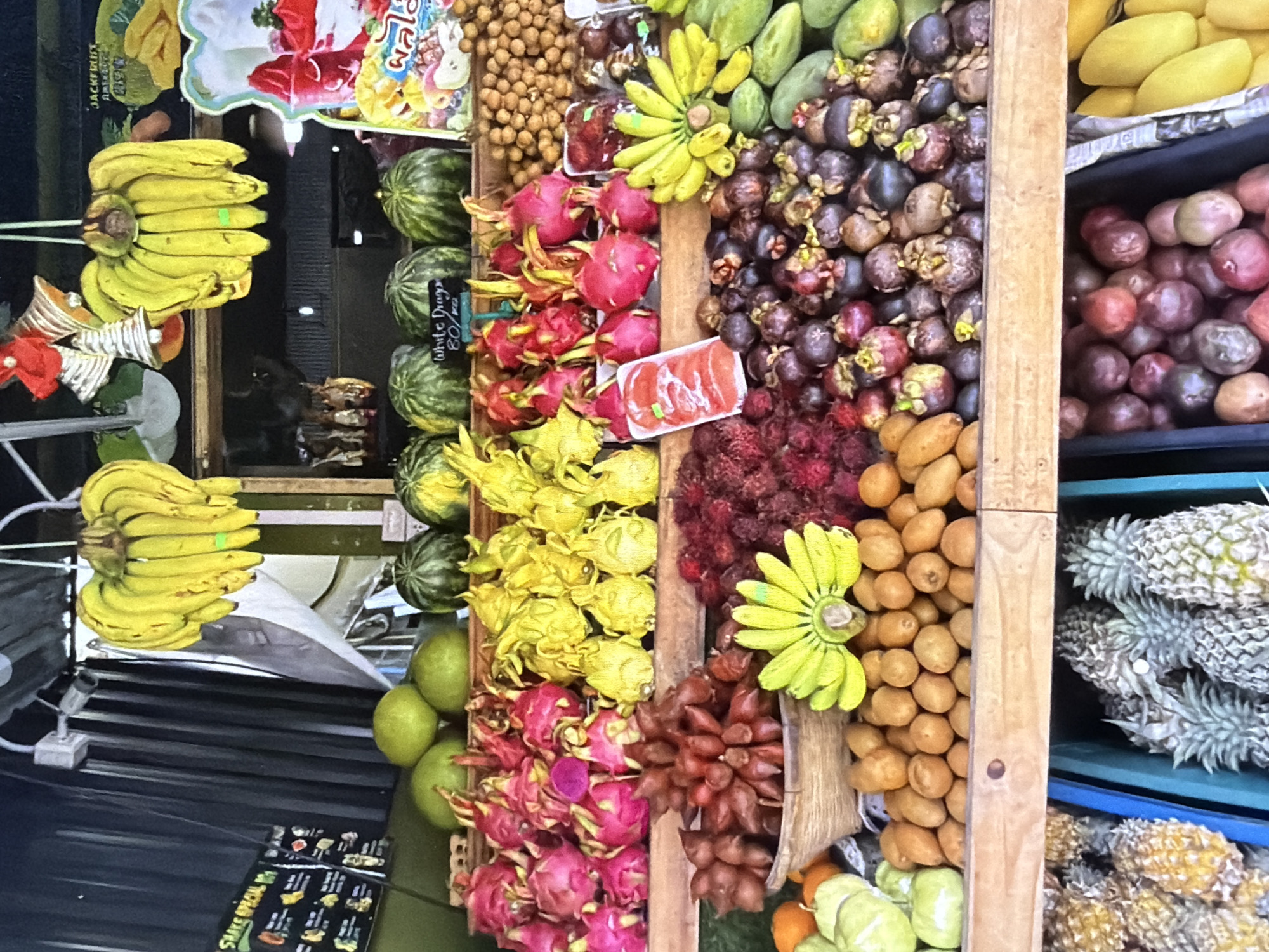 This image captures a vibrant and densely packed fruit stall, filled with an exotic assortment of tropical fruits, suggesting a market setting. The stall is neatly organized, with fruits displayed in wooden crates and baskets. The lighting indicates it is daytime.
On the left side, large bunches of ripe yellow bananas hang, some still attached to their stalk. Below them, dark green watermelons are stacked, and a white sign with black text reads "White Drago 80/kg", likely indicating the price for dragon fruit. Further down, numerous bright pink dragon fruits (pitaya) are displayed, along with what appear to be green guavas or limes. At the very bottom left, a menu board is visible, advertising "Shake Special" with various fruit options like "Banana Shake," "Mango Shake," and "Pineapple Shake."
Moving towards the center, there are large piles of yellowish-brown longans. Adjacent to these, more vivid pink dragon fruits are arranged. Below them, mounds of dark red, hairy rambutans are visible, next to clusters of dark purple mangosteens. Small, elongated yellow bananas are also interspersed among the other fruits. Above the mangosteens, several green, elongated fruits, possibly papayas or green mangoes, are present.
The right side of the stall showcases more unique fruits. Brownish-red salak (snake fruit) with their distinctive scaly skin are arranged in baskets. Above these, several bright yellow mangoes are displayed. Further to the right, spiky pineapples are stacked in blue plastic crates, with smaller, golden-brown varieties below. At the top of the image, a sign mentions "Jackfruit," and another sign features Thai script.
The extensive variety of tropical fruits, including mangosteen, rambutan, dragon fruit, and salak, strongly points to a location in a tropical or subtropical climate, likely Southeast Asia, which conflicts with the provided location context of Lovech, Bulgaria. No people are visible, but the abundant display and clear pricing suggest an active marketplace.