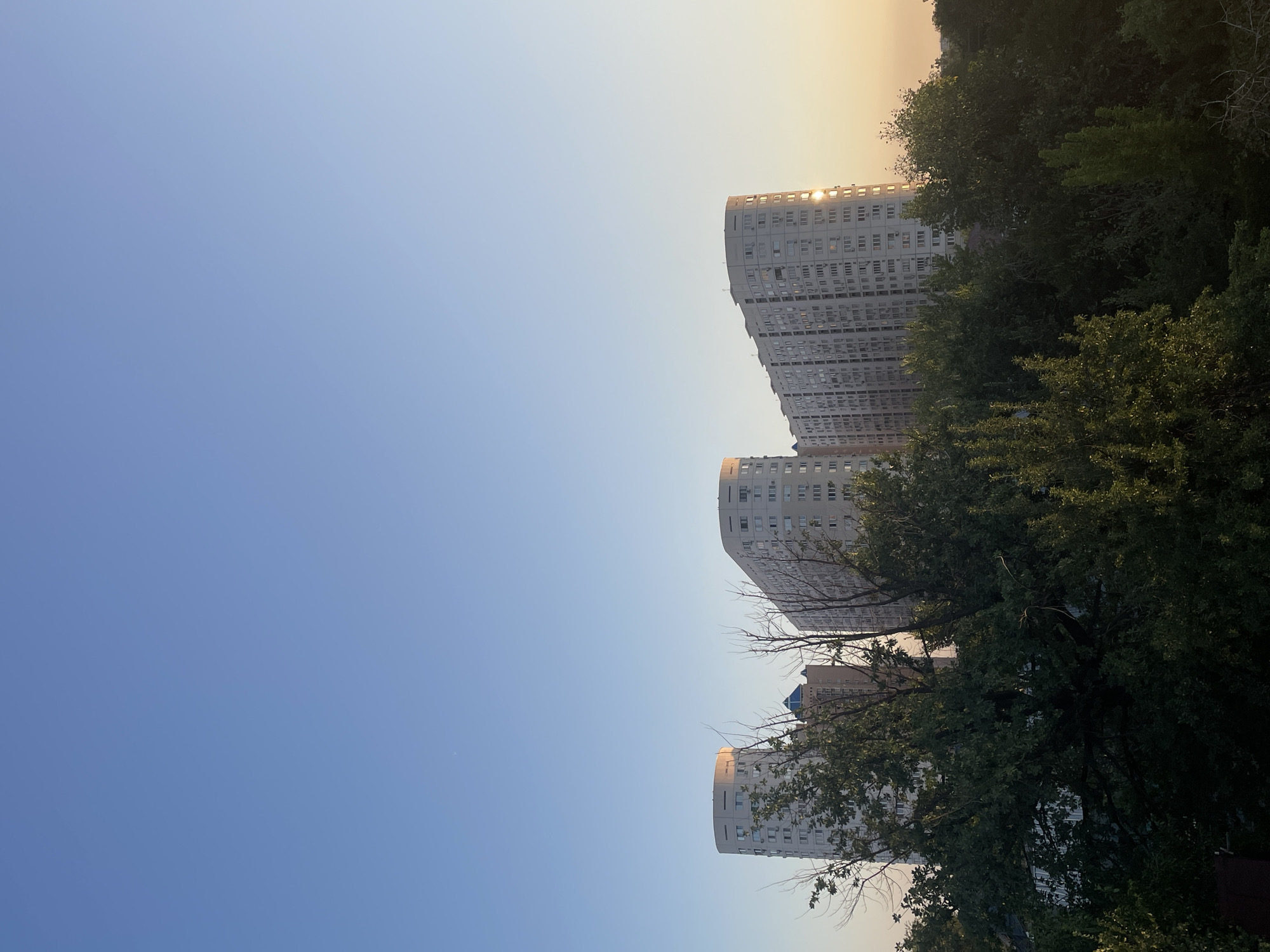 The image depicts a cityscape with several tall, multi-story buildings partially obscured by lush green trees. The architecture suggests a modern urban environment, possibly a residential area. The sky is clear and blue, transitioning to a warm, golden hue near the horizon, indicating either sunrise or sunset. The sun's rays are visible, reflecting off the windows of one of the buildings, adding a warm glow to the scene. The trees in the foreground are dense and full of leaves, creating a natural barrier between the viewer and the buildings. The overall impression is a blend of nature and urban development, set against a serene sky. This scene is from Almaty, Kazakhstan.