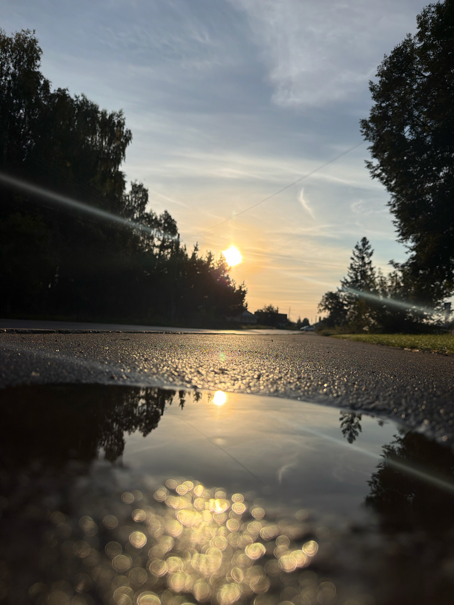 The image depicts a low-angle shot of a puddle on asphalt, reflecting the setting sun and surrounding trees. The sun is low in the sky, casting a warm glow and creating lens flares across the scene. The asphalt is wet, with small droplets of water catching the light, creating a bokeh effect in the foreground. Trees line the right side of the road, their dark silhouettes contrasting with the bright sky. The sky itself is a blend of blue and pale yellow, with wispy clouds. The scene appears to be a road in a suburban or rural area, possibly on the outskirts of Chaikovsky, Russia, given the natural elements and the presence of asphalt. There are no people or animals visible in the image.