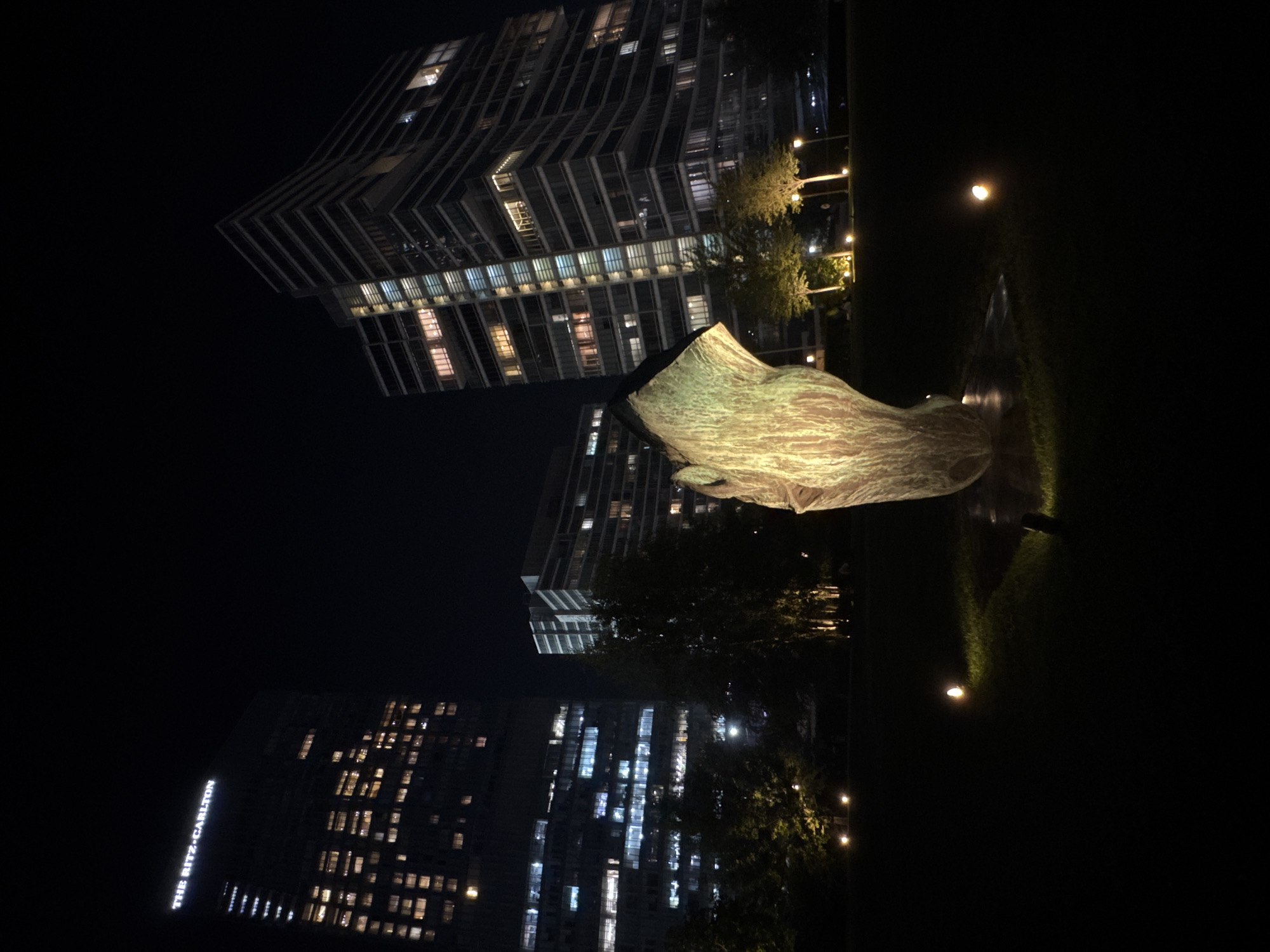 The image depicts a nighttime scene in Almaty, Kazakhstan, featuring a prominent modern sculpture in the foreground. The sculpture, with its textured, organic form, is illuminated by spotlights, casting a warm glow on its surface. Behind the sculpture, two high-rise buildings stand tall against the dark sky. The building on the left is a darker, more slender skyscraper with "THE RITZ-CARLTON" signage visible at its apex, and its windows are lit with a warm, yellow light. The building on the right is a wider, modern structure with a patterned facade, also illuminated by numerous lit windows. Between the buildings and in front of the sculpture, there are trees, some of which are also lit by strategically placed ground lights, creating an atmospheric effect. The ground in front of the sculpture is a grassy area with several small, round lights embedded in it. The overall impression is one of a well-lit, upscale urban environment at night, with the sculpture serving as a focal point in a landscaped area.