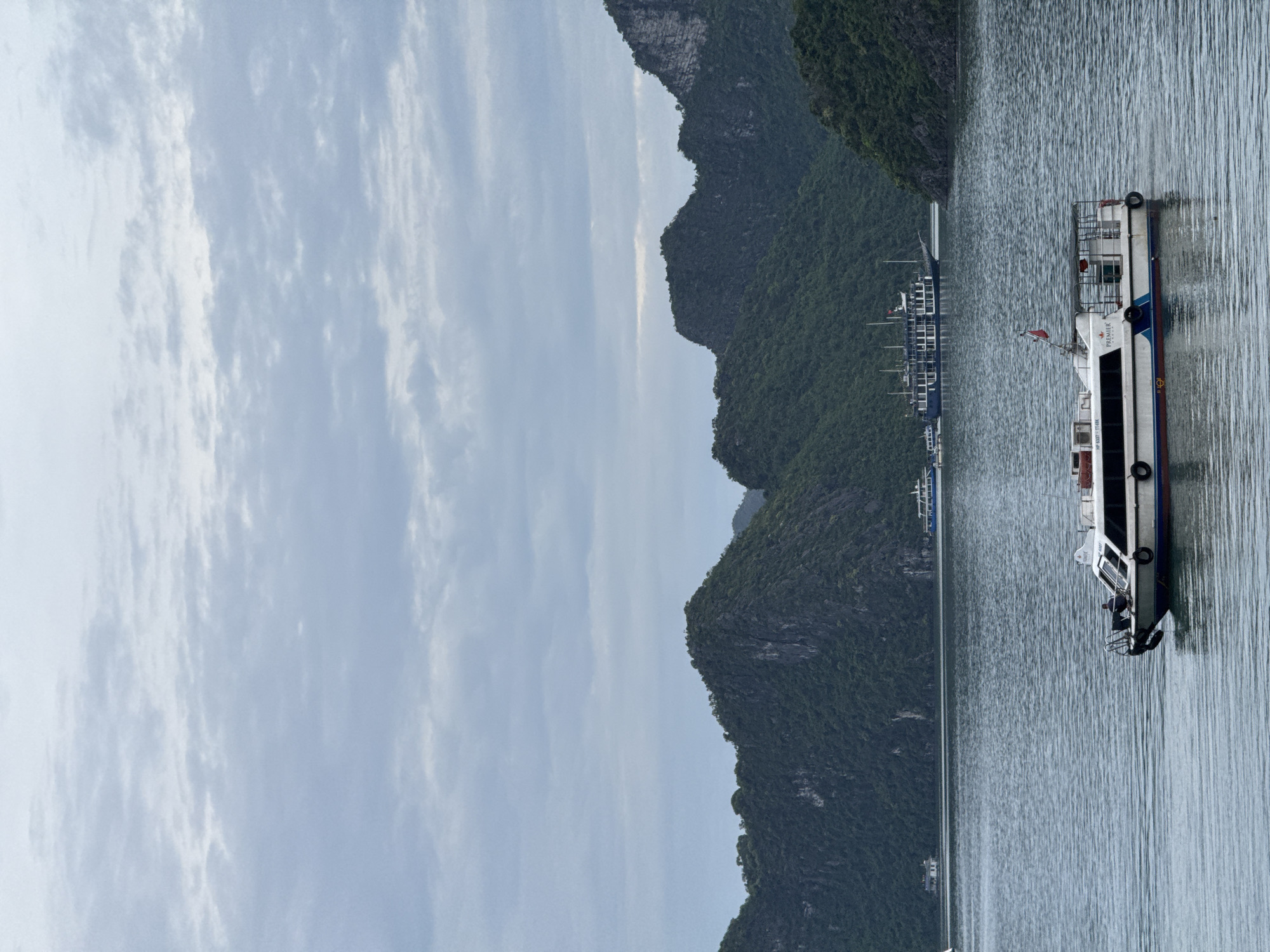 The image depicts a serene seascape with a body of water in the foreground, leading to lush, green karst mountains in the background. Several boats are visible on the water. In the foreground, a white speed boat with blue and red trim is moving from left to right. One person is seated on the bow of this boat. In the mid-ground, a larger, multi-decked blue and white cruise ship is anchored. Further in the distance, a smaller, white boat with a blue stripe is also visible. The sky is overcast with light gray clouds. The overall scene is indicative of a typical day in Ha Long Bay, a UNESCO World Heritage site located within the administrative boundaries of the city of Hải Phòng, Vietnam, famous for its limestone karsts and islets.