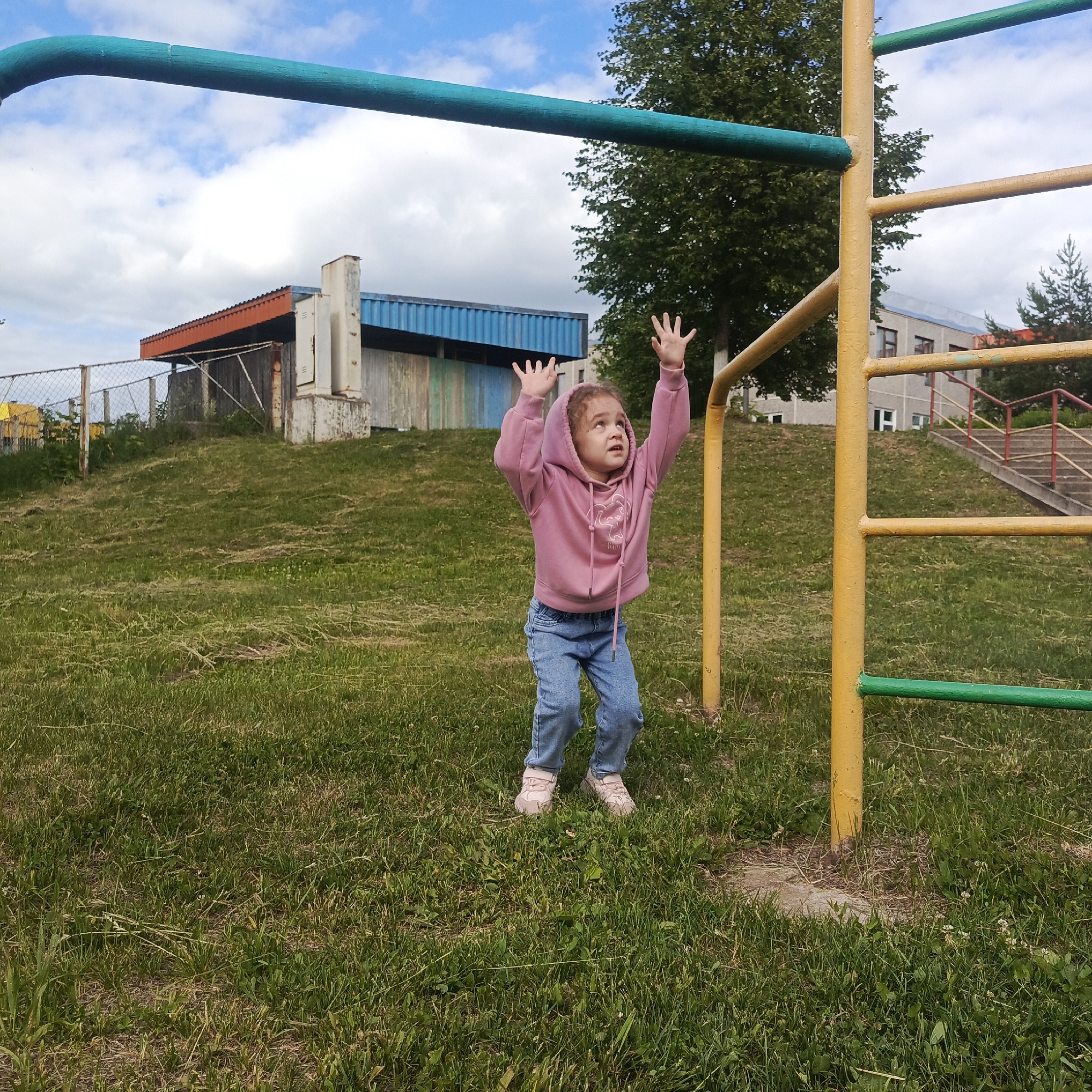 A young child, likely a toddler, stands on a grassy field, reaching upwards with both hands. The child is wearing a pink hooded sweatshirt and blue jeans, with light-colored sneakers on their feet. They appear to be looking up, possibly at the monkey bars positioned above them, which are painted yellow and green.
The background features a chain-link fence and a low-lying building with an orange and blue roof. Further in the distance, more buildings and trees are visible under a partly cloudy sky. The ground is covered in green grass, with some patches of dry grass and small white flowers scattered about. The overall scene suggests a playground or outdoor recreational area.
The time of day appears to be daytime, given the bright lighting and visible sky. The weather seems pleasant, with clouds suggesting a possibility of sunshine. The presence of playground equipment and the child's active pose indicate a moment of play or exploration. The location is identified as Markovskii, Russia. There is no visible text in the image. The child's expression and body language could suggest excitement, anticipation, or playful interaction.