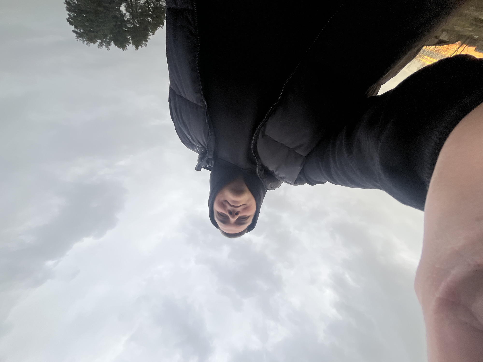 An image captured from a low, upward-looking perspective features a person looking directly into the camera against an overcast sky. The individual, appearing to be a male, is wearing a dark, possibly black, hooded puffer jacket with the hood pulled up, framing their face. Their expression is neutral.
The sky occupies the majority of the frame, filled with dense, gray and white clouds, indicating cloudy weather. In the upper left corner, the dark silhouettes of tree tops are visible against the sky, suggesting an outdoor, possibly wooded or natural setting. On the far right, a small portion of what appears to be a limb or hand is visible, likely belonging to the person holding the camera or a second individual. Behind this limb, a bright area with warm, orange-yellow hues can be seen, possibly reflecting light from a distant source or foliage. The unusual angle gives the impression that the person is looking down from above. There is no visible text. The location context is Razdolie, Russia.