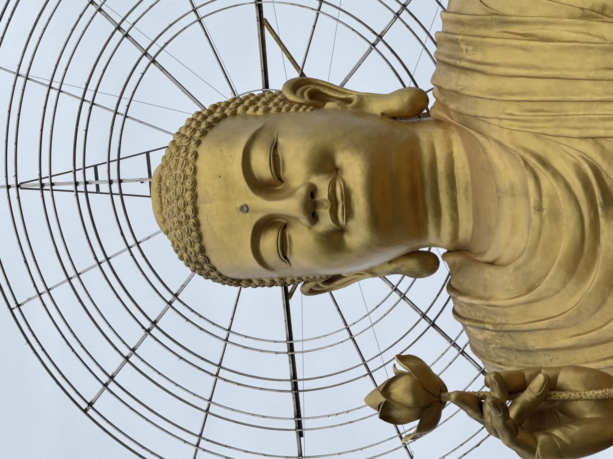 The image shows a close-up of a large golden Buddha statue, possibly at a temple or outdoor shrine. The statue is made of a reflective golden material and depicts a serene Buddha with closed eyes and a slight smile. The Buddha is holding a lotus flower in its left hand, which is raised to chest level. The statue is wearing traditional monastic robes, which are draped over its shoulders and chest. Behind the Buddha is a large, circular metal structure, possibly part of a halo or an artistic installation. The sky is overcast and gray. The statue appears to be located outdoors, possibly in a public space or a religious site within Lâm Viên - Đà Lạt, Vietnam.