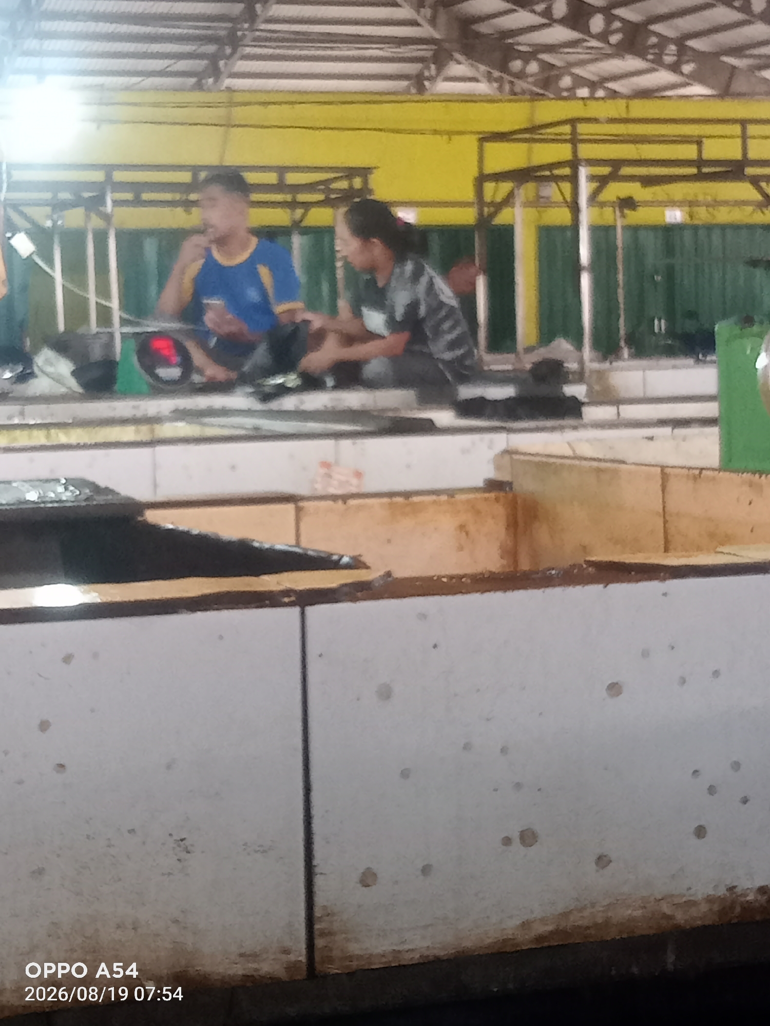The image depicts an indoor market setting. In the background, two individuals are visible. One person, wearing a blue and yellow shirt, appears to be holding something to their mouth. The other individual, wearing a dark patterned shirt, is looking down. Metal shelving units and yellow and green walls form the backdrop. In the foreground, a concrete structure with a dark surface runs across the bottom of the frame. The image contains a timestamp overlay in the bottom left corner: "OPPO A54 2026/08/19 07:54". The market appears to be in Jambi, Indonesia, a detail that is only inferable from the watermark which suggests the phone used to capture the image is a model commonly used in Indonesia and the date format is consistent with Indonesian conventions.