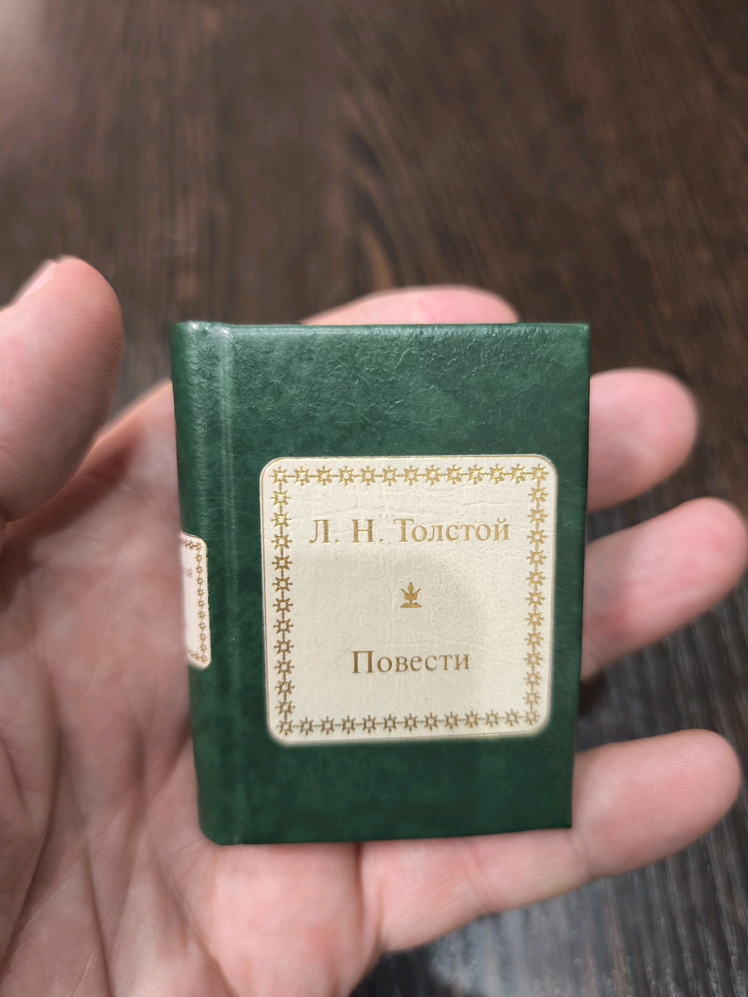 A hand is holding a miniature green book. The book has a cream-colored label with gold lettering. The text on the label reads "Л. Н. Толстой" and below that, "Повести". The book is resting in the palm of the hand, with fingers curled around it. The background is a dark wooden surface. There is no indication of the city of Karachayevsk, Russia in the image.