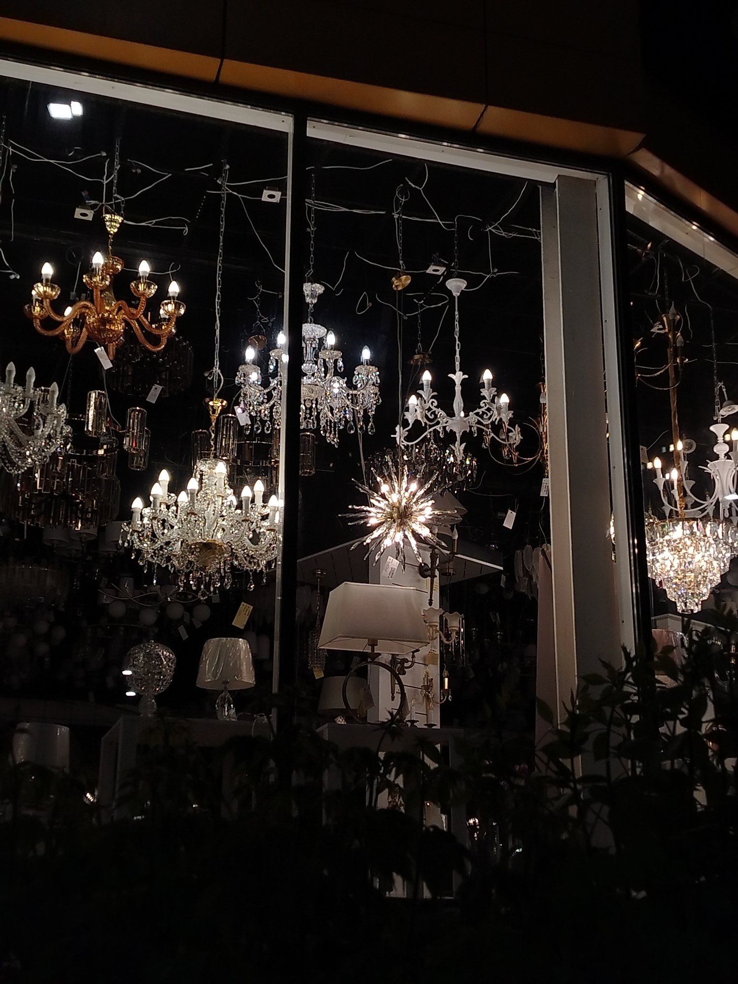 The image shows a storefront at night. Multiple chandeliers of varying styles and sizes are visible through the window, along with some lamps. The location is Izhevsk, Russia. The focus is on the display of lighting fixtures in a retail setting. Dark plants are in the foreground, partially obscuring the view.