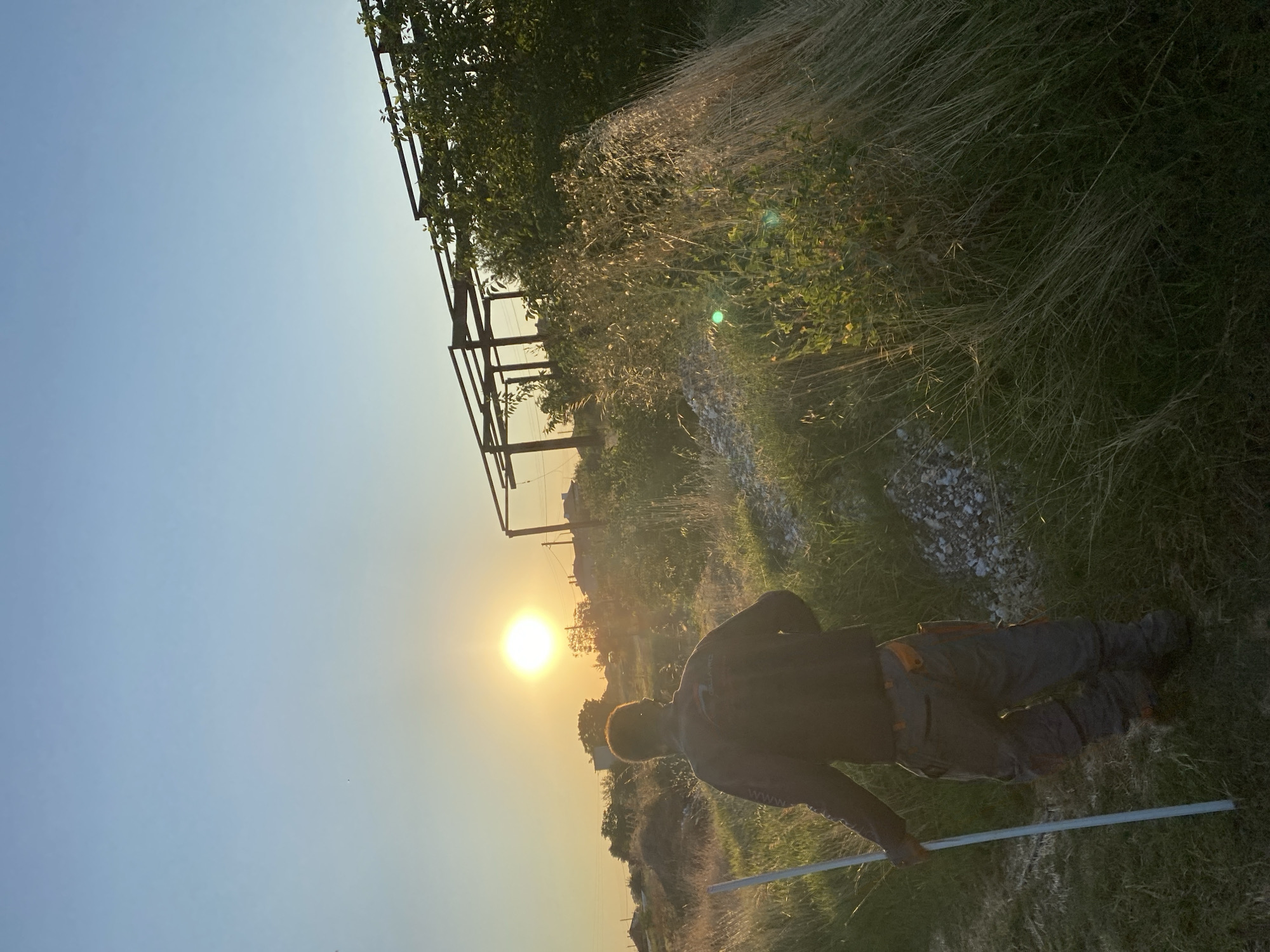 The image captures a person walking away from the camera in a field at sunset in Kurtovo Konare, Bulgaria. The sun is low on the horizon, casting a warm glow over the scene. The person is wearing dark work clothes and carrying a long, white pole. Tall grasses and shrubs fill the foreground, with a partially constructed metal structure visible in the background. Buildings and trees are scattered throughout the landscape, suggesting a rural or semi-urban setting. The overall atmosphere is peaceful, with the setting sun creating a sense of tranquility.