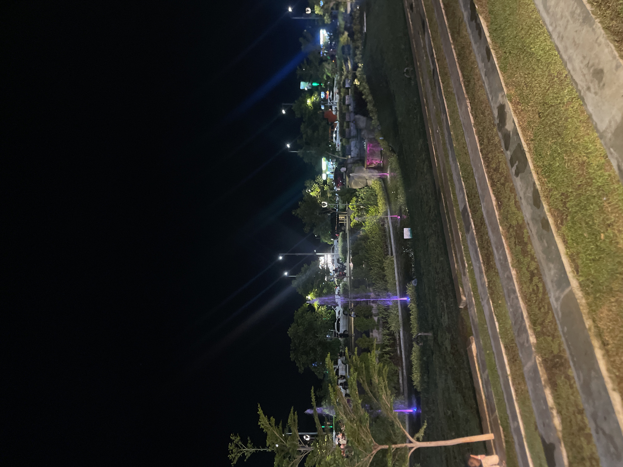 The image shows a park at night. On the right side, there are concrete steps lined with grass. In the center of the image, there are trees and bushes lit by streetlights. There are also fountains illuminated with purple lights. In the background, there are buildings and other structures. The sky is dark.