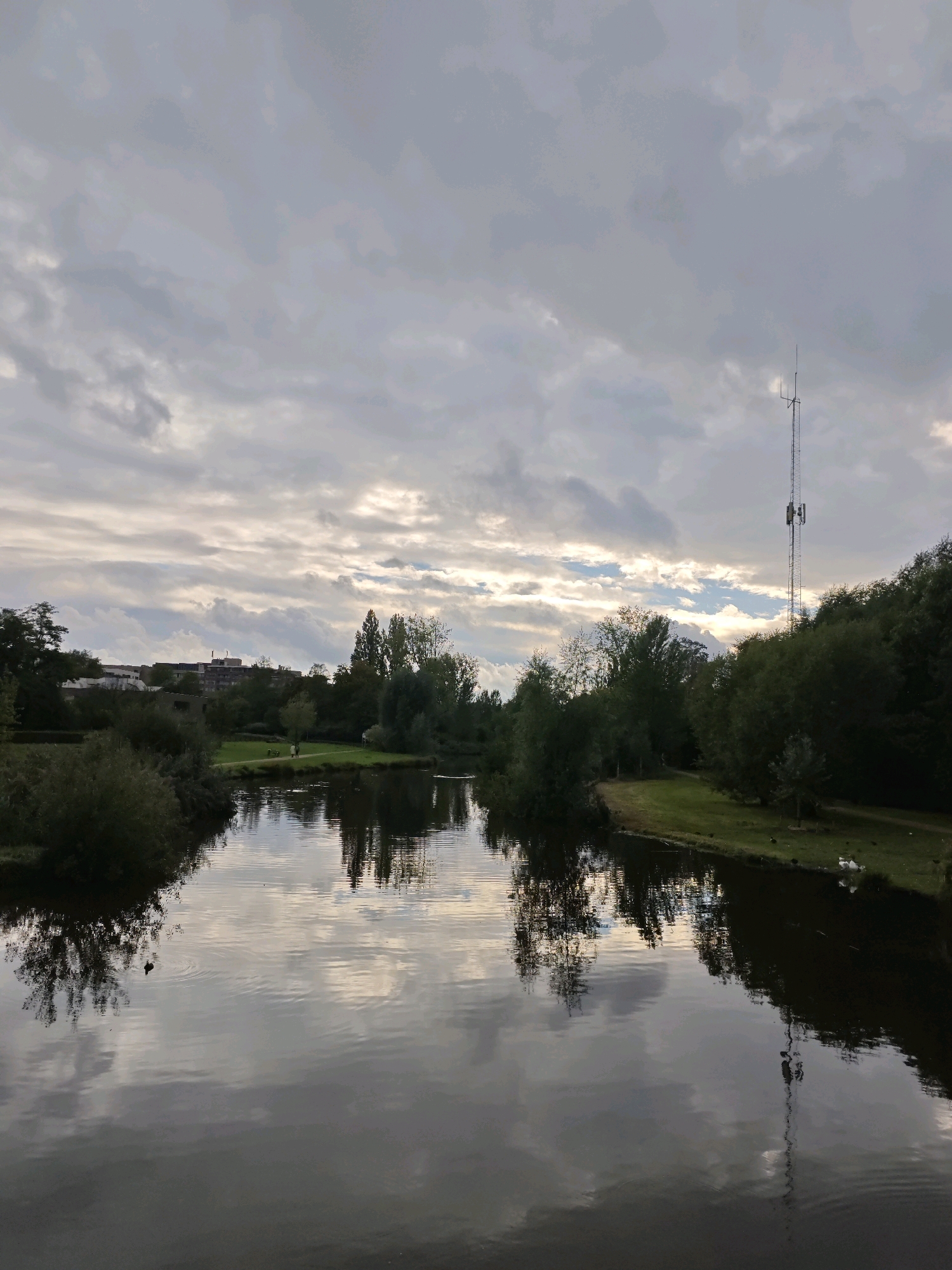 This image depicts a serene natural scene at the Genneper Parken in Eindhoven, Netherlands. The foreground is dominated by a calm body of water, reflecting the overcast sky and the surrounding greenery. On the left bank of the water, there is lush vegetation, and a dark-colored bird is visible swimming in the water. Further back, a grassy area is bordered by trees, and two people are walking along a path. In the background, a large, multi-story building complex stands out against the horizon. On the right side of the image, a tall radio tower with antennas is prominently positioned amongst a dense cluster of trees. Several white birds, likely swans, are resting on the grassy bank near the water's edge. The sky is filled with a variety of clouds, with patches of sunlight breaking through in some areas.
