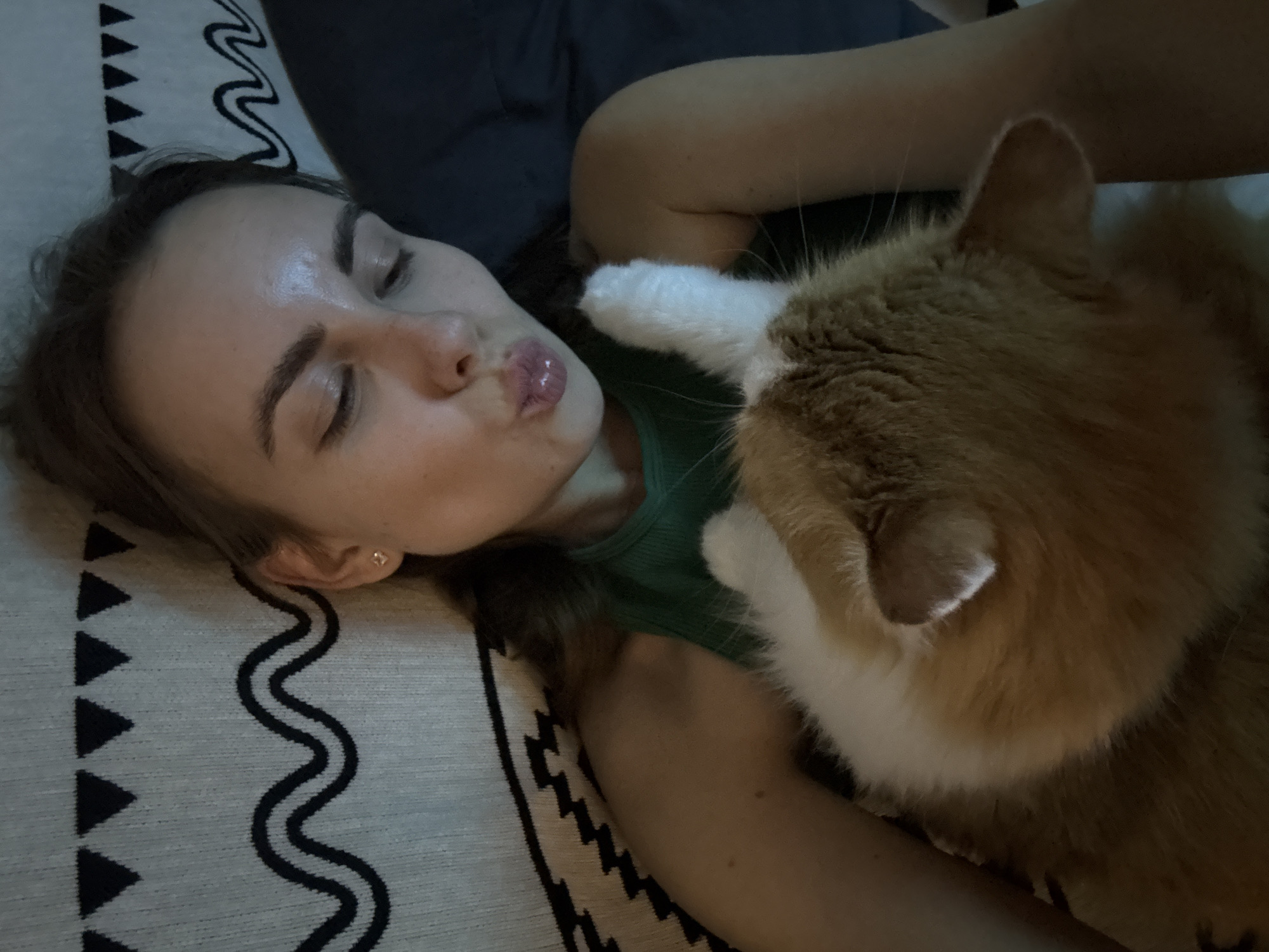 An intimate, softly lit, high-angle shot captures a young woman and a ginger and white cat in a moment of affection, likely indoors on a bed or sofa. The woman, with fair skin and dark hair, lies on her side with her eyes gently closed and lips pursed in a kissing gesture. She wears a dark green sleeveless top and a small stud earring in her visible ear.
The ginger and white cat is positioned close to her face, its head and upper body visible, appearing to nuzzle or interact with the woman. Its fur is fluffy and dense.
They are resting on a patterned blanket or sheet featuring distinctive black and white geometric designs, including zigzag lines and rows of triangles. Another darker, solid-colored fabric is partially visible in the upper background.
The lighting is dim and warm, suggesting an evening or nighttime scene, or simply a softly lit room. The atmosphere conveyed is one of peace, comfort, and deep affection between the woman and her pet. There is no visible text in the image.