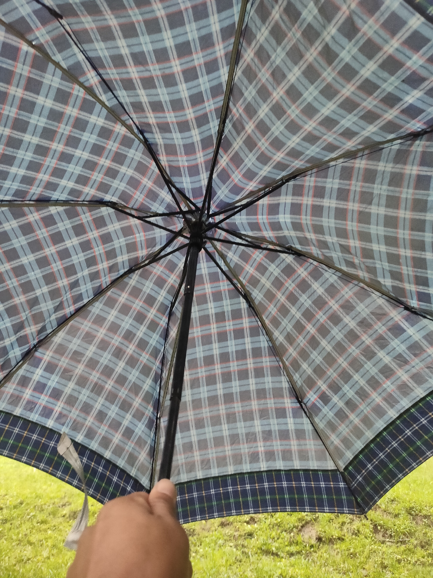 A low-angle, close-up shot captures the interior of a partially opened umbrella, revealing a blue and white plaid pattern with thin red and darker blue intersecting lines. The umbrella's black metal ribs and central pole are visible, radiating outwards. A hand, with visible knuckles and fingernails, holds the umbrella's pole from below. The outer edge of the umbrella features a darker blue plaid trim with green and white stripes. The background consists of out-of-focus green grass, suggesting an outdoor setting. The image does not contain any identifiable landmarks of Manali, India.