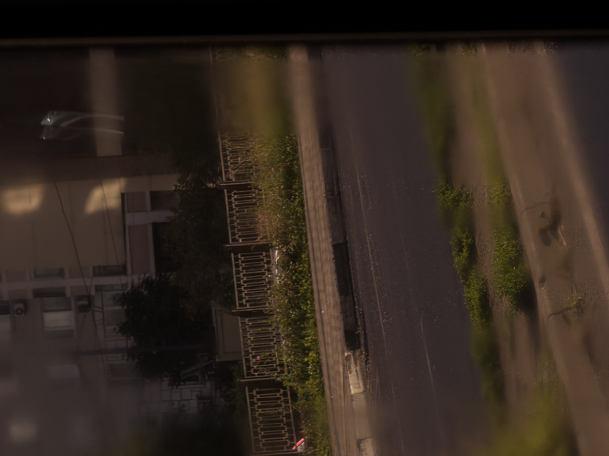 The image captures a street view with a residential building in the background, partially obscured by reflections. A metal fence runs along the sidewalk, bordering a patch of greenery with small pink flowers. The road in front appears wet, reflecting the muted light. To the right, a dark, vertical frame suggests the perspective is from within a building or vehicle. The scene appears to be set in Butovo, Russia, during what seems to be dusk or early morning based on the soft lighting. There are no people visible in the image.