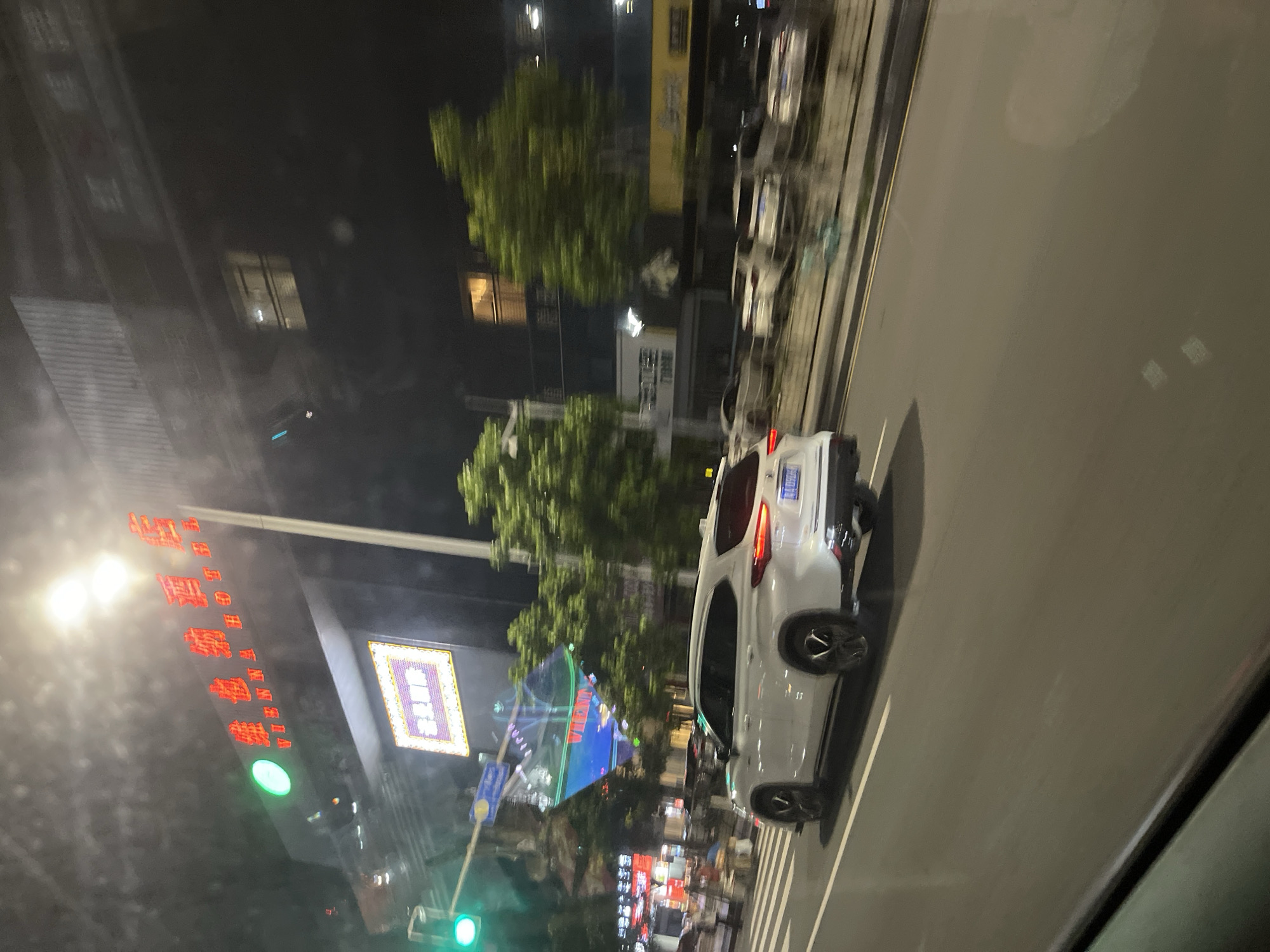 The image captures a nighttime street scene in Panyu District, China, likely from the perspective of a moving vehicle. In the foreground, a white SUV is driving on the road. In the background, a building with a prominent red neon sign reading "VIENNA HOTEL" is visible. To the left of the hotel sign, a traffic light shows a green signal. Further back, other illuminated signs and building facades suggest a commercial or urban area with shops and businesses. The street appears to be well-lit, with trees lining the side of the road.