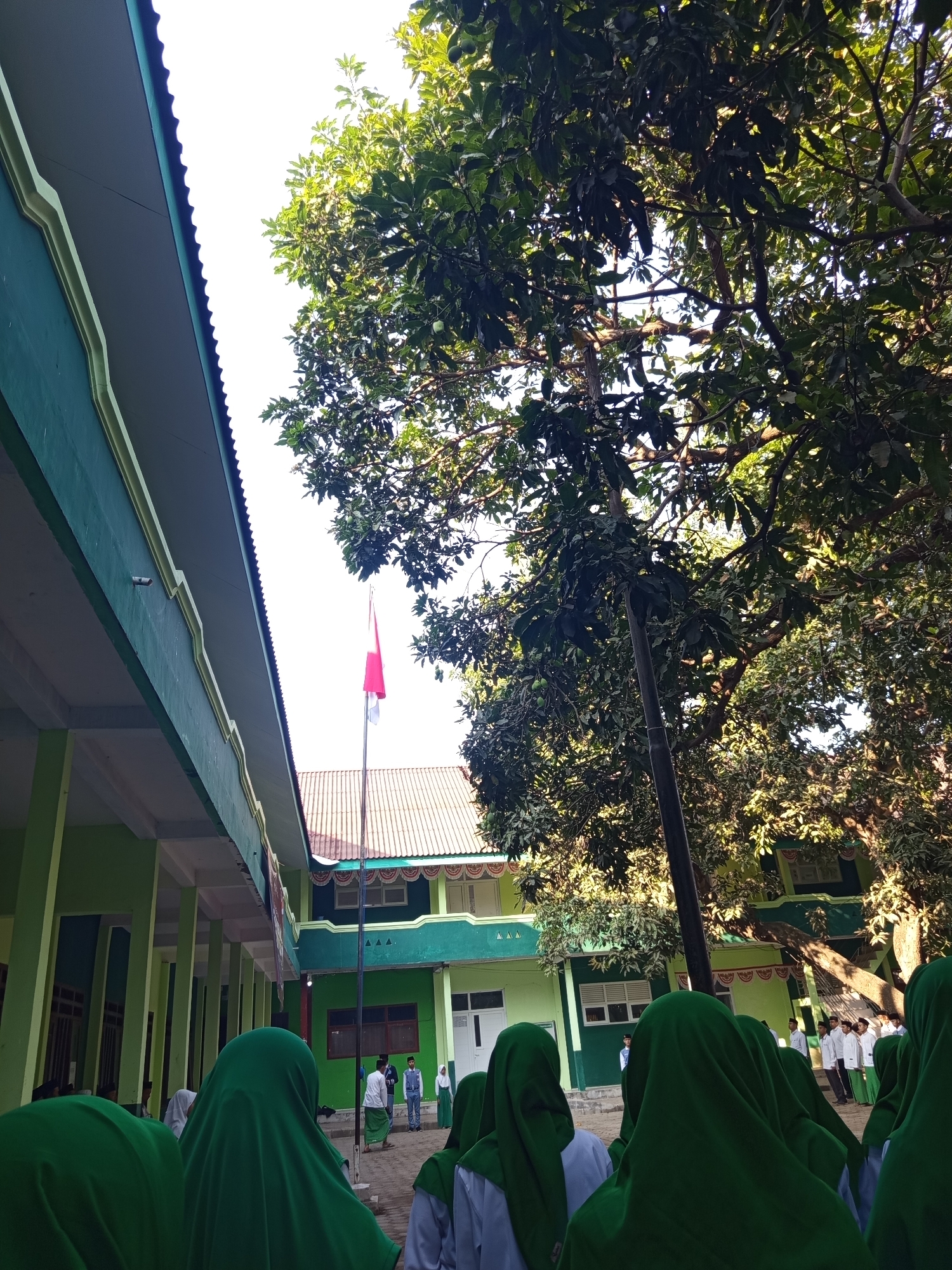 In Lumutan, Indonesia, a low-angle shot captures an outdoor scene, possibly at a school, with a building featuring a green facade and a white, corrugated roof. The building's architecture suggests a covered walkway with visible pillars and arched trim. In the foreground, the backs of several individuals wearing green hijabs are visible, facing away from the camera. The middle ground reveals a flagpole with the Indonesian flag, red and white, hoisted. Behind the flag, the building continues with multiple windows and decorative triangular motifs. The background is dominated by lush green trees with dense foliage, some bearing small green fruits, and the bright sky. A dark, cylindrical pole, potentially part of the tree or a separate structure, is prominent. Several figures in white shirts and dark pants are standing in formation in front of the building, possibly students. The overall impression is one of a sunny day at an educational institution.