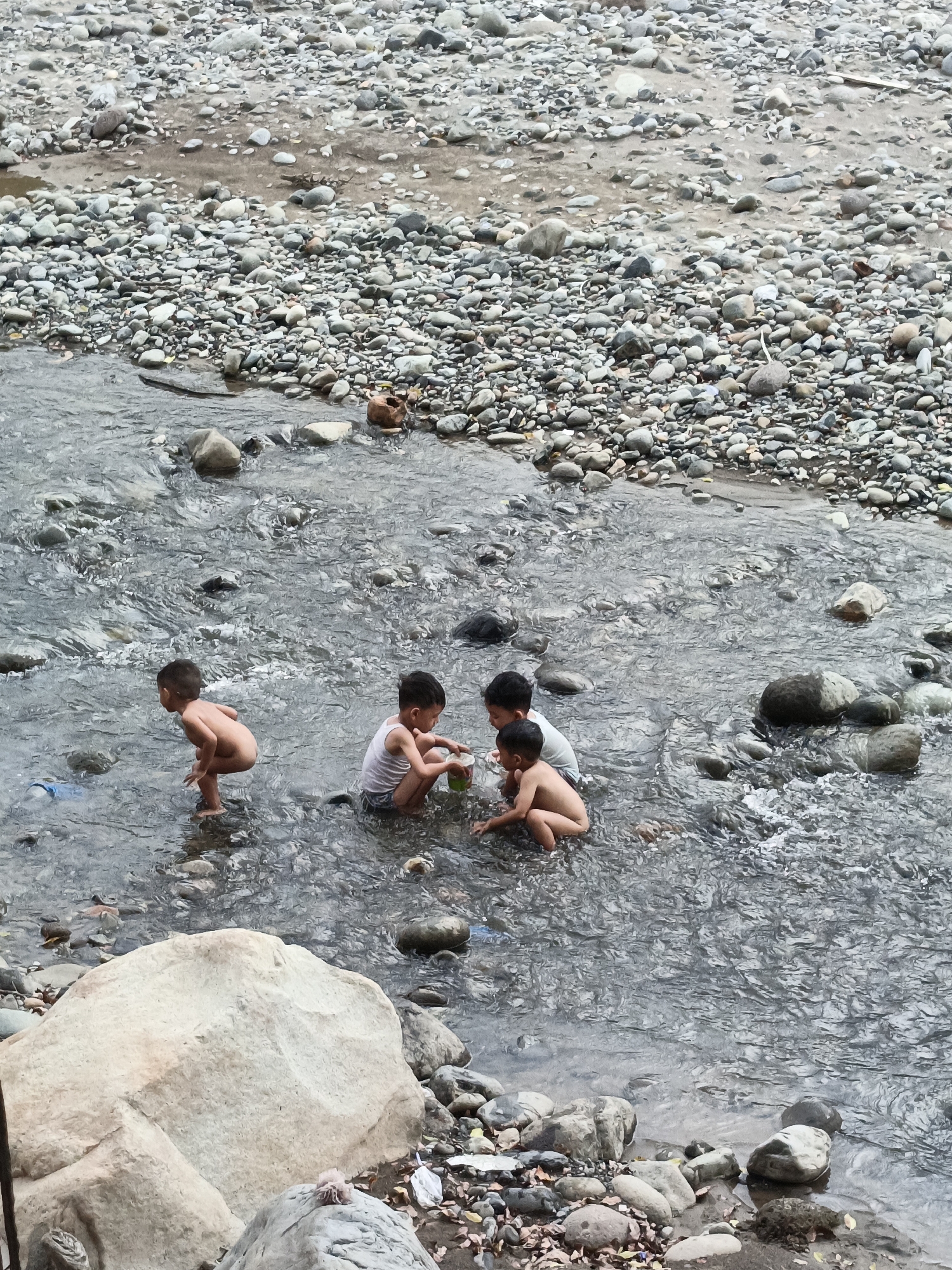 This image depicts five young children playing in a shallow, rocky river in Meurah, Indonesia. The water is clear, with visible ripples and reflections, and flows over a bed composed primarily of smooth, grey, and light-colored river stones of various sizes.
On the far left, one child, possibly nude, stands partially submerged in the water, facing towards the right. In the center, two children squat in the water; one wears a white tank top and holds a green plastic container, while the other, wearing light-colored underwear, looks towards the container. Further to the right, two additional children are partially visible, also squatting in the water, engaged in similar play.
The riverbanks are densely covered with similar river stones and pebbles, with occasional patches of exposed mud or sand. Scattered organic debris, such as dry leaves, is visible among the stones on the banks. Evidence of human litter includes a light blue plastic item partially submerged near the left child and a broken brown earthenware pot or jug resting on the rocky bank in the upper right quadrant of the image. The scene is illuminated by ambient daylight, suggesting an outdoor environment.