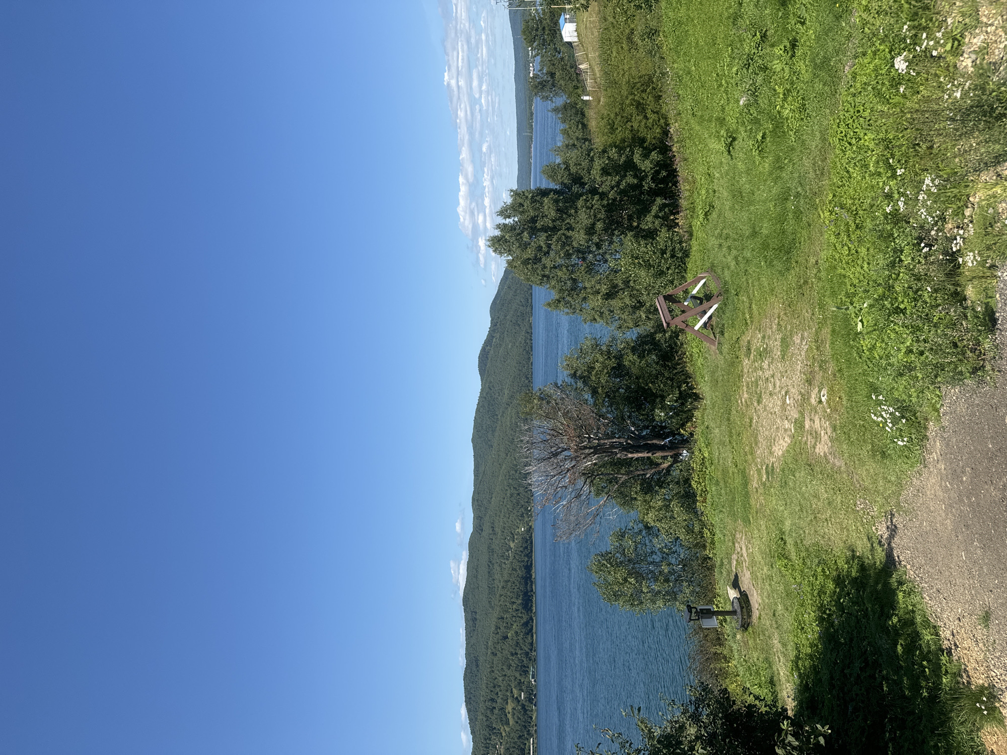 This image depicts a serene, natural landscape scene likely taken in or near Listvyanka, Russia, a settlement located on the shores of Lake Baikal. The primary focus is a wide expanse of calm, blue water, likely Lake Baikal itself, stretching towards a backdrop of lush, green, tree-covered hills. The sky is a clear, vibrant blue with a few wispy white clouds on the horizon.
In the foreground, a gently sloping grassy area leads down towards the water. There is a dirt path or track winding through the grass. Several trees are visible in the mid-ground, with one particularly striking, bare, white-barked tree standing out among the foliage. A rustic wooden structure, possibly a bench or a decorative element, is situated on the slope. Further to the right, a small white building with a blue roof is visible, along with a fence and some vegetation. The overall impression is one of natural beauty and tranquility. There are no people or animals visible in the image. The scene is illuminated by bright sunlight, suggesting it was taken during the daytime on a clear day.