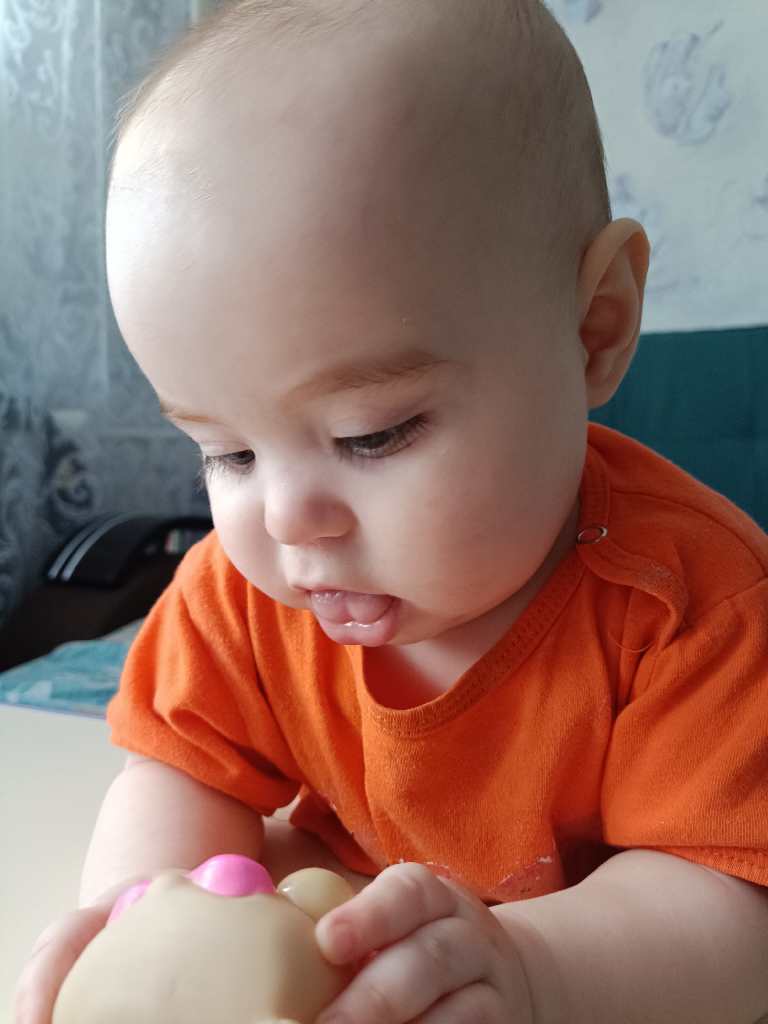A close-up shot captures a young baby, likely an infant, seated indoors in Noviy, Russia. The baby, with fair skin, sparse light hair, and dark eyes, is wearing a short-sleeved bright orange bodysuit. Its attention is directed downwards, and its tongue is slightly out, indicating focus or concentration.
The baby's hands are visible in the lower foreground, holding a light-colored toy, possibly a squeeze toy or a teether, which has bright pink elements on its top surface. The background is softly blurred but shows an indoor setting. On the left, a light-colored patterned curtain or wall is visible. Towards the right, a solid teal or dark green surface, potentially furniture upholstery or a wall, forms part of the backdrop. A dark, indistinct object, possibly an electronic device, is partially visible behind the baby's left shoulder. The clothing includes a visible silver snap button on the right shoulder of the orange bodysuit. The lighting is soft and even, suggesting daytime indoor conditions. No text is visible in the image. The baby appears curious and engrossed in playing with the toy.