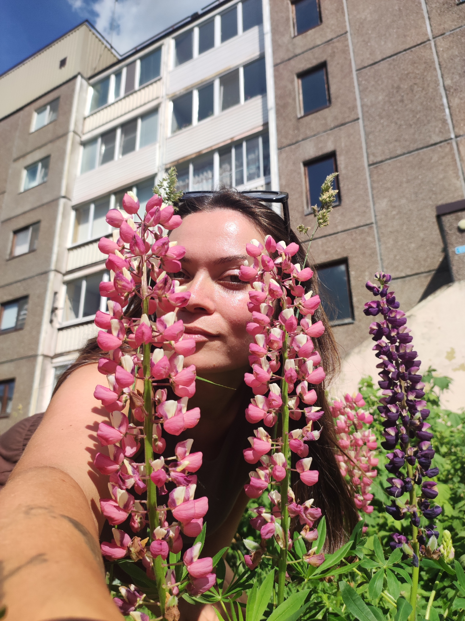 A low-angle, close-up shot shows a person holding pink lupine flowers in front of their face, partially obscuring it. The person has brown hair and is wearing a brown top. Their face is turned to the side and slightly upwards. Behind them, a tall, grey, brutalist-style apartment building dominates the background. Two stalks of pink lupine are in the foreground, with a purple lupine stalk to the right. The setting appears to be a residential area in Марковский, Russia, with the building suggesting a typical Soviet-era urban landscape. The sky is visible above the building, with scattered clouds.