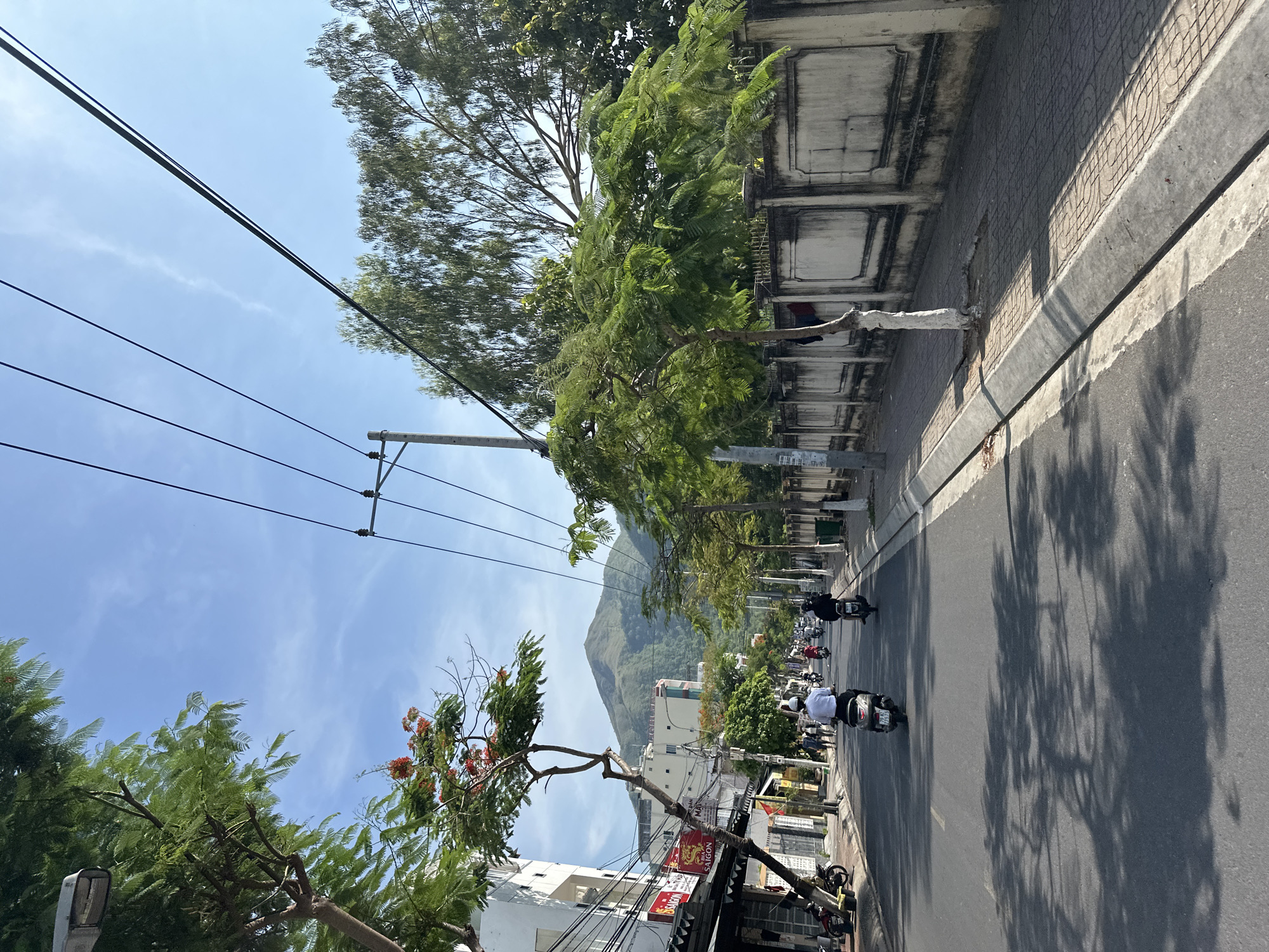 The image depicts a street scene in Bac Nha Trang Ward, Vietnam, on a clear day. A paved road runs through the center of the frame, with a sidewalk on the right and buildings on the left. Several people are riding motorcycles on the road, casting shadows on the asphalt. Lush green trees line the street, with a prominent tree with red flowers on the left side of the road. In the background, a large, verdant mountain dominates the skyline, suggesting a mountainous terrain surrounding the urban area. The architecture of the buildings suggests a tropical or subtropical climate. The presence of power lines crisscrossing the sky indicates an active urban environment. The overall atmosphere is one of a typical day in a bustling Vietnamese city, with elements of both nature and urban development.