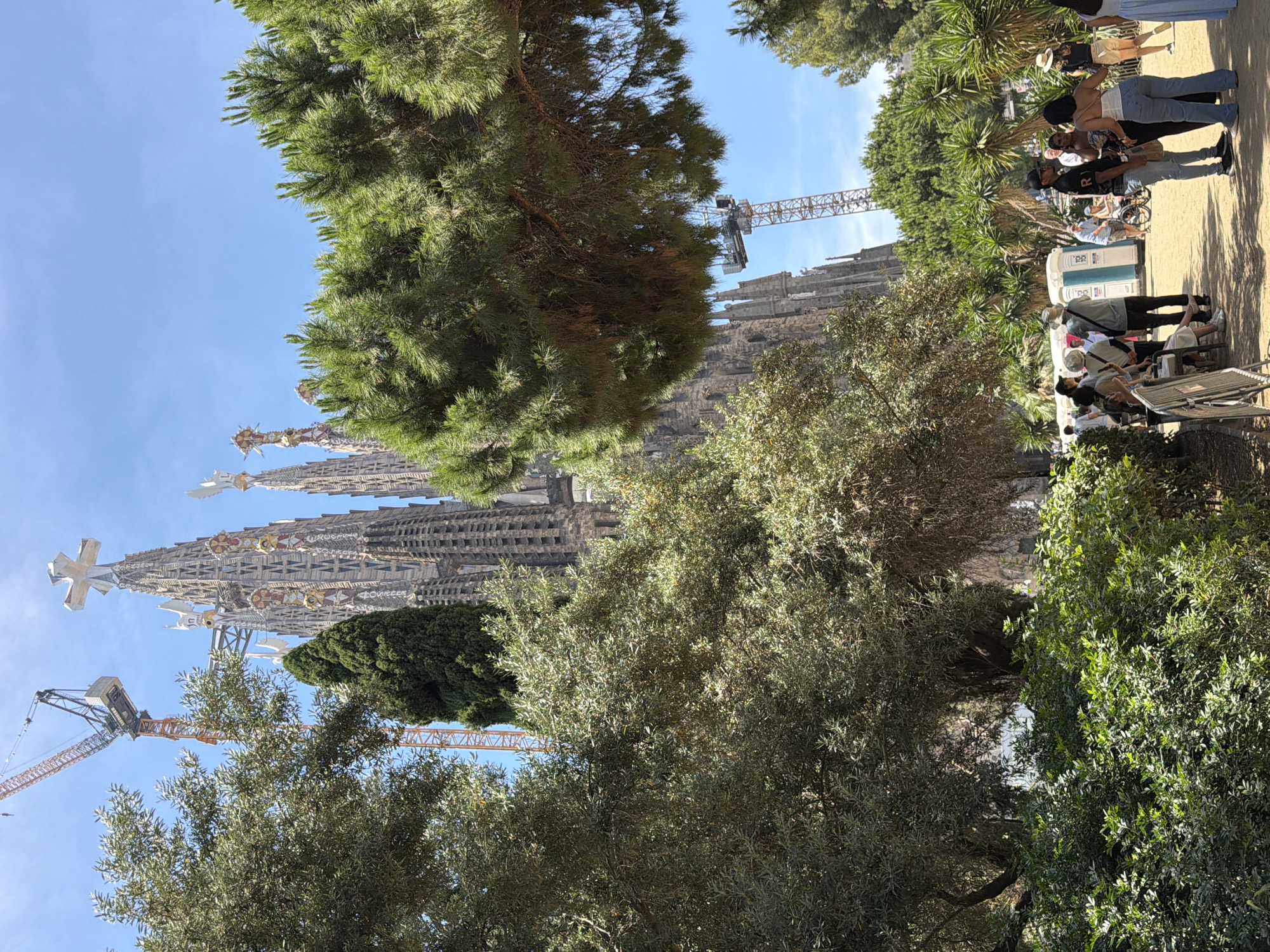 This image captures an outdoor scene in Barcelona, Spain, with the Sagrada Familia Basilica under construction as a prominent backdrop. In the foreground, lush green foliage and trees partially obscure the view of the iconic basilica's spires, which are adorned with intricate architectural details and a large cross at the apex of one spire. Cranes are visible near the basilica, indicating ongoing construction.
A group of people are gathered on a sandy path, some standing and others seated. Several portable toilets are positioned along the path. Among the individuals, some are dressed casually in t-shirts, jeans, and shorts, while others wear hats. One person is seen in a wheelchair. The environment is sunny with a clear blue sky. The overall scene suggests a tourist area or park adjacent to the Sagrada Familia.
