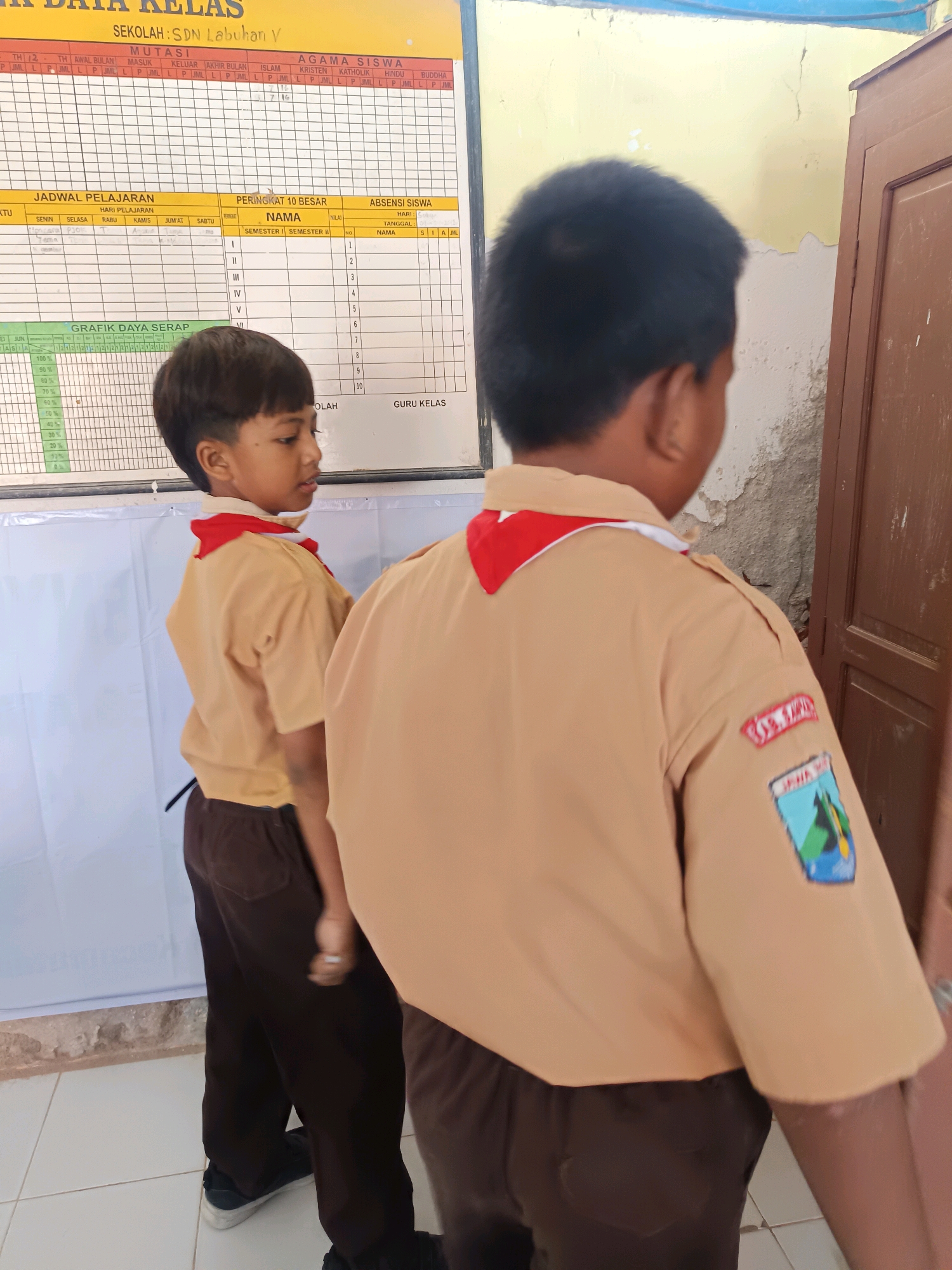 The image shows two young boys in scout uniforms in a classroom. The boy on the left is facing right, and the boy on the right is facing away from the camera. They are standing in front of a whiteboard that displays school-related information, including a class schedule, student rankings, and attendance records. The whiteboard is filled with handwritten text and numbers in Indonesian. The classroom appears to be in a public school in Labuhan, Indonesia. The walls are a light yellow, and there is a brown wooden door on the right side of the image. The floor is tiled with white squares. The lighting suggests it is daytime, with natural light coming from an unseen source.