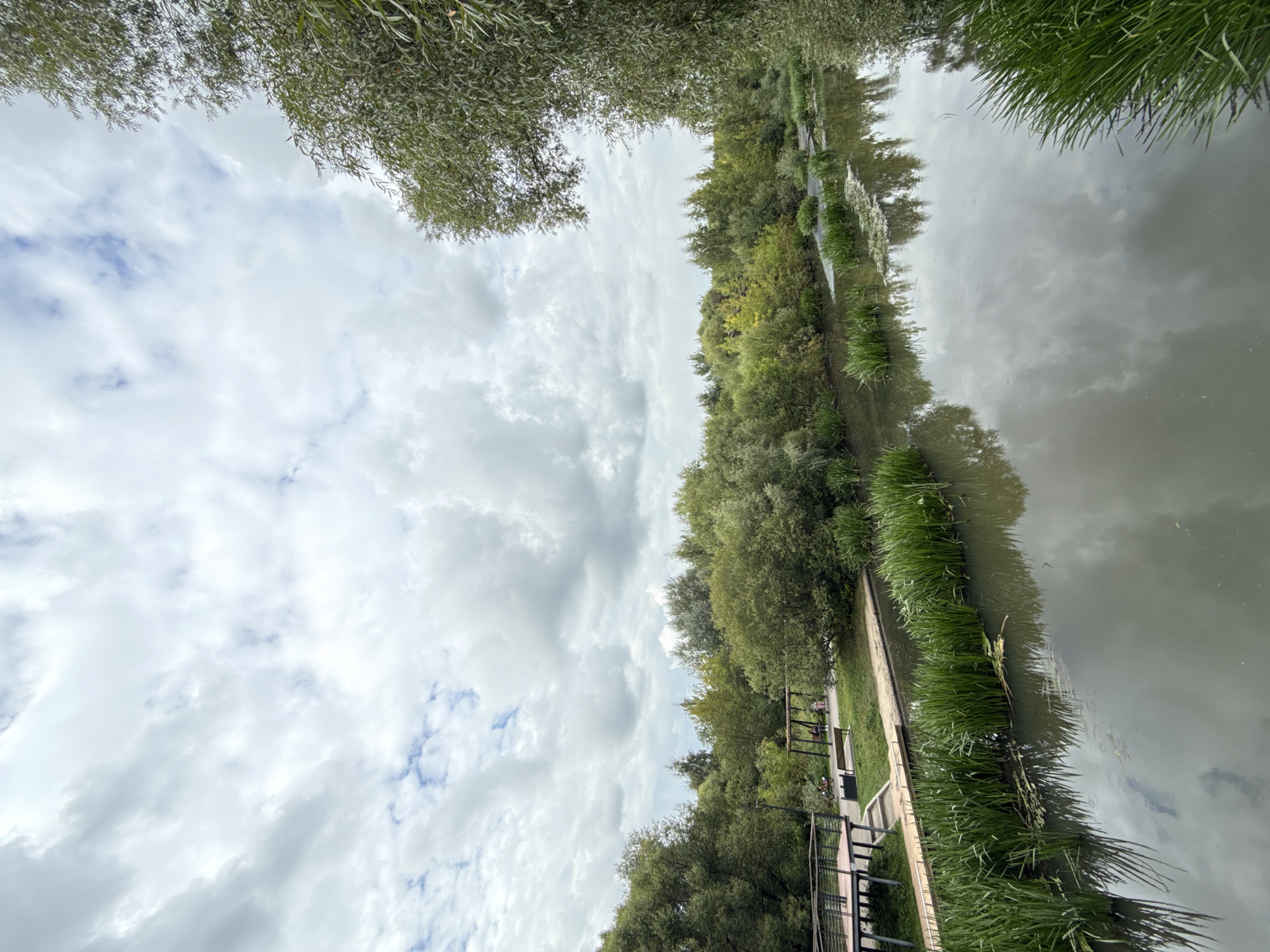 The image depicts a tranquil canal or small river flowing through a park-like setting. The water is calm and reflects the overcast sky and the surrounding lush greenery. Tall, reedy plants grow along the edges of the waterway, and dense trees and bushes form a verdant backdrop. On the left side of the frame, a wooden boardwalk and viewing platform are visible, suggesting a recreational area. In the distance, there's a children's playground with a swing set and a bench. A bicycle is parked near a lamppost on the walkway. The sky is filled with heavy, grey clouds, indicating a cool or potentially rainy day. The overall impression is one of a peaceful, natural oasis within an urban environment.
Based on the details visible such as the architectural style of the boardwalk, the playground equipment, and the general landscape, this scene is likely located in the **Sokolniki Park** in Moscow, Russia, specifically along one of its water features like the Rotunda Pond or the canal connecting various ponds within the park.