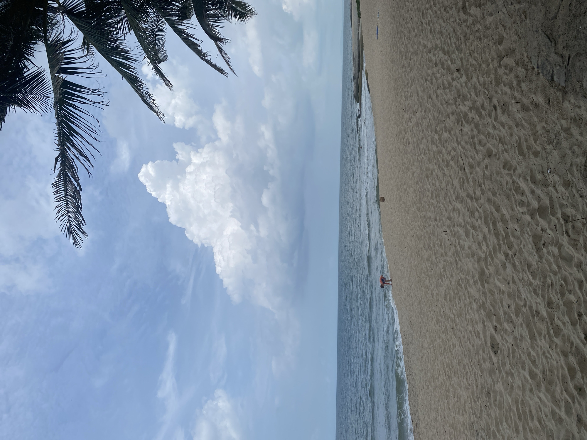 A wide, sandy beach stretches into the distance under a cloudy sky with a few palm fronds visible in the upper right corner. The ocean, a deep blue, meets the shore with gentle waves. In the middle ground, a solitary person wearing a red top and dark bottoms is bent over on the wet sand near the water's edge, possibly playing or collecting something. The beach is mostly empty, with some scattered debris on the sand, including a coconut in the lower left of the frame and a blue towel further down the beach. The scene suggests a quiet, overcast day at a coastal location in Phu Thuy Ward, Vietnam.
